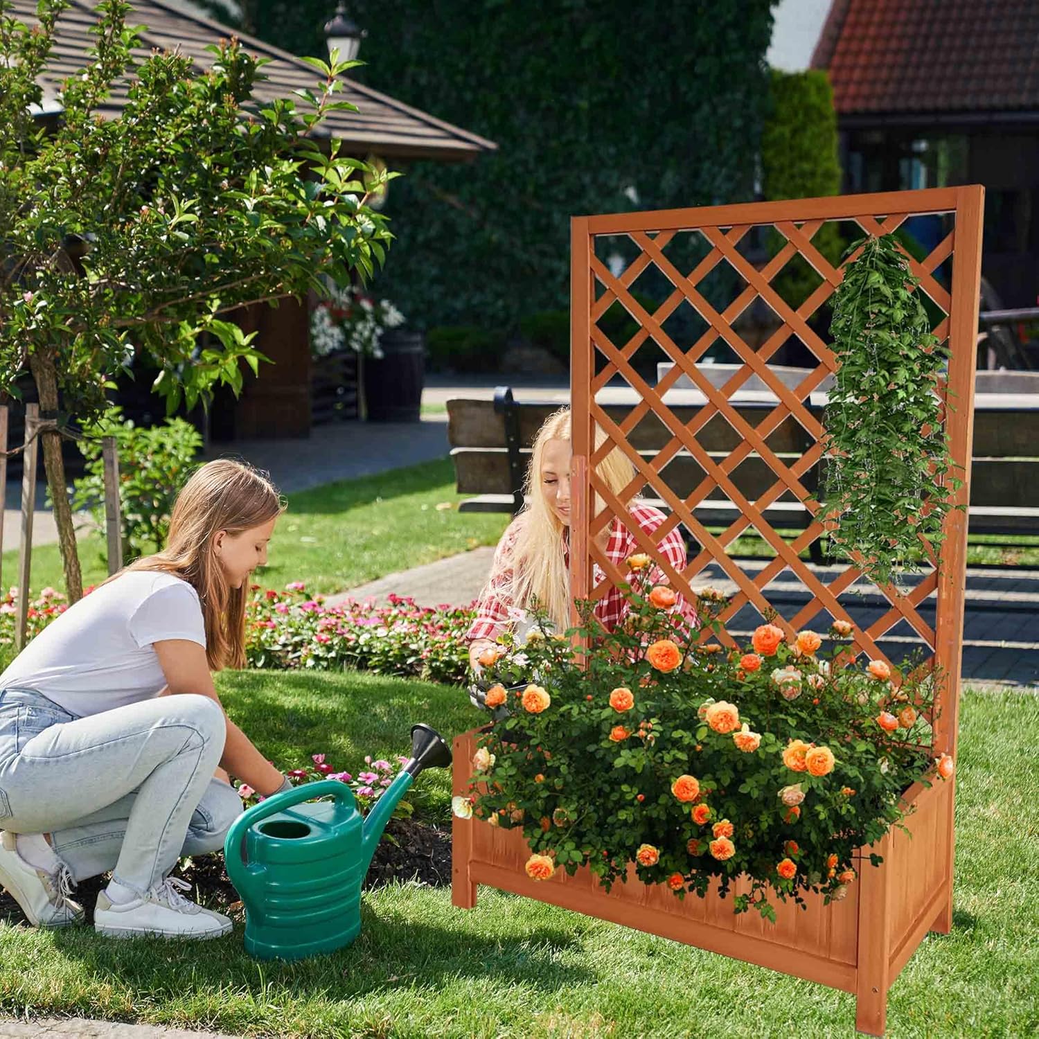 Large Wooden Planter with Trellis 135cm Garden Raised Bed Box
