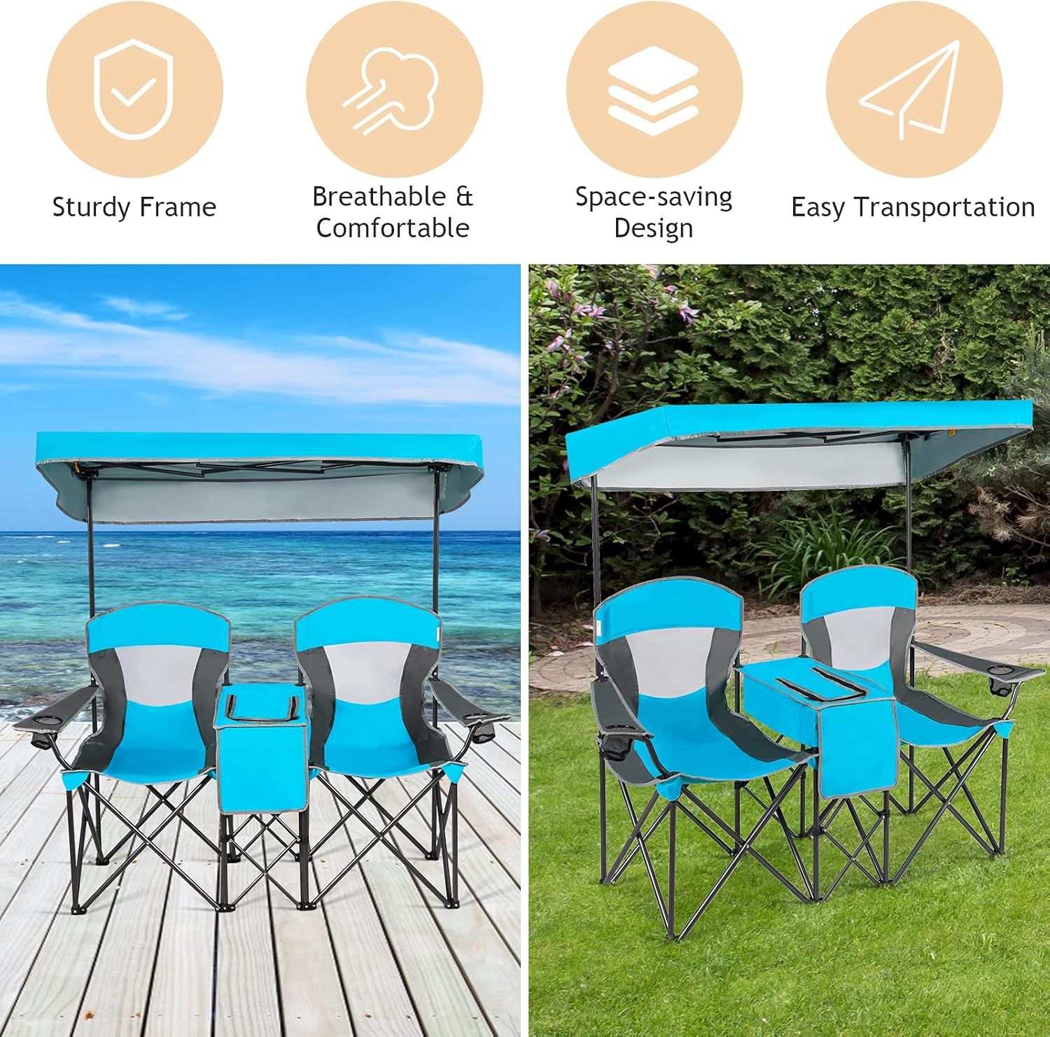 Double Camping Chair with Canopy 2 Seater Blue