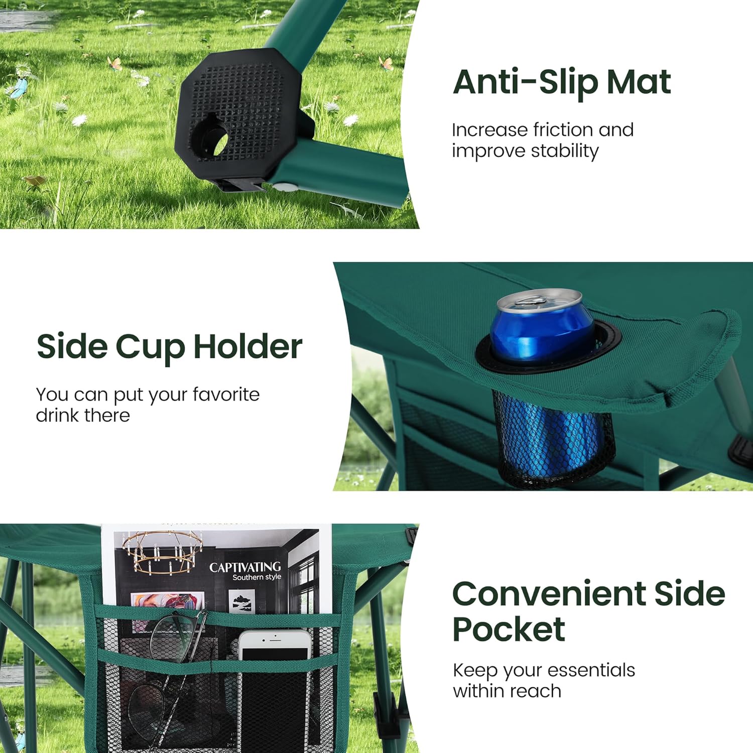 Camping Chairs 2 Pack Cooler Bag Cup Holder Green
