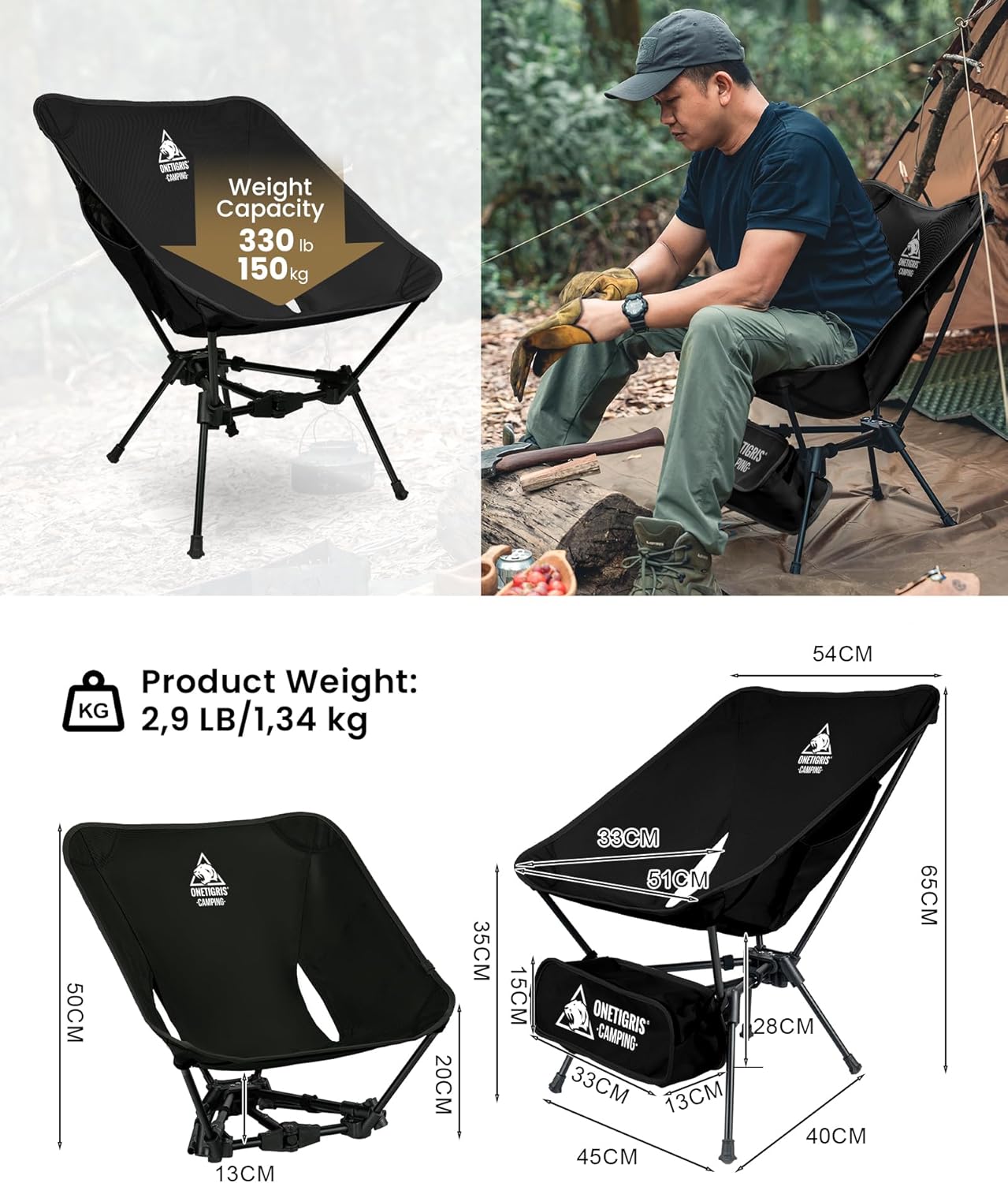 Ultralight Folding Backpacking Chair 150kg Portable Black