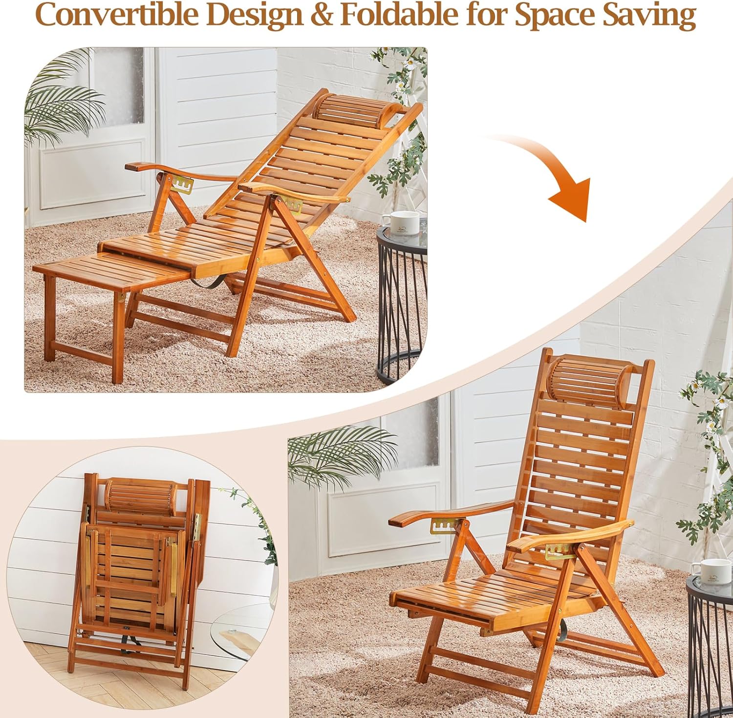 Foldable Bamboo Sun Lounger Recliner Chair 5 Position