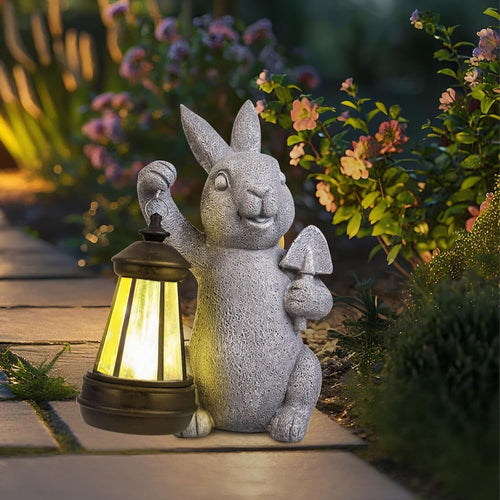 Solar Rabbit Garden Statue LED Light Outdoor Resin Ornament Gift