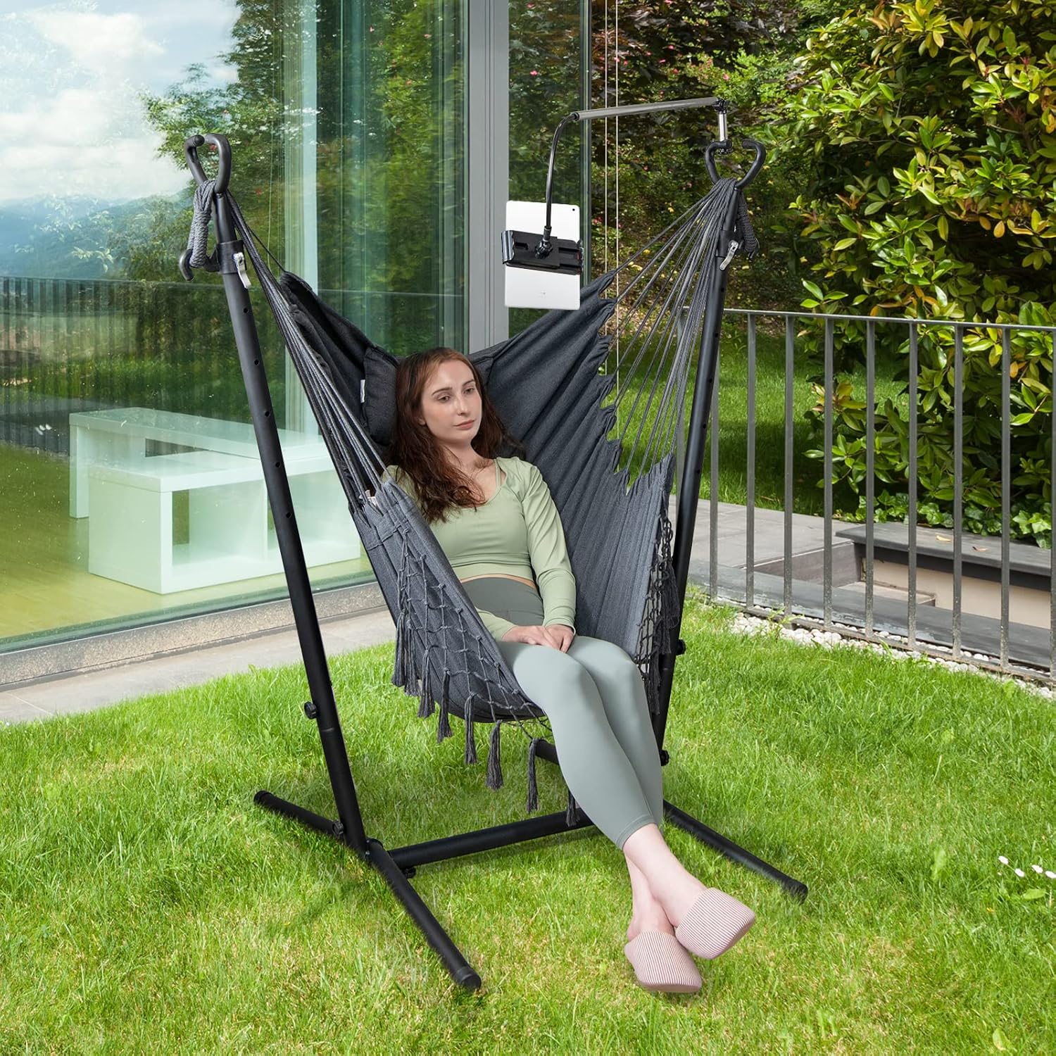 Hammock Chair with Stand Phone Holder Grey Swing Seat
