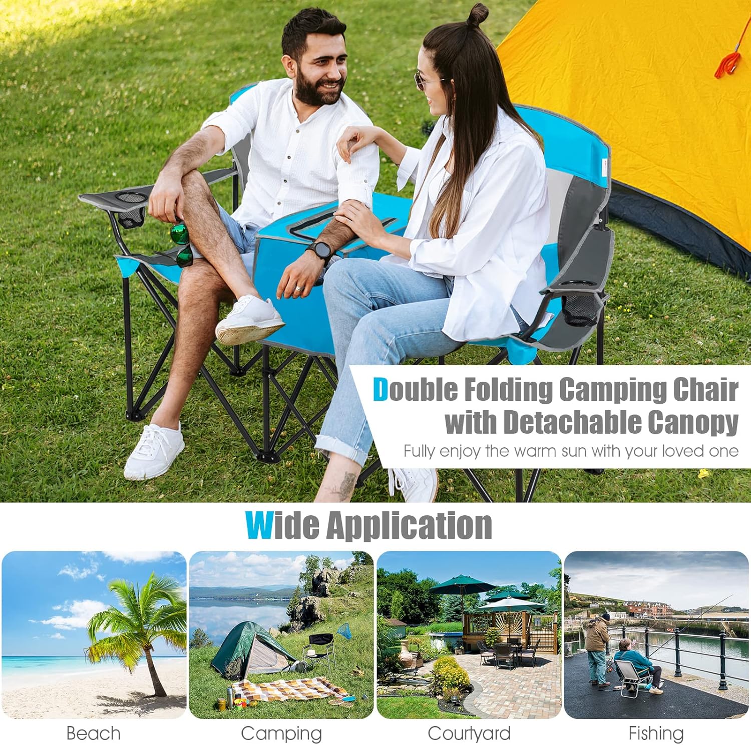 Double Camping Chair with Canopy Cooler Bag Cup Holders Blue