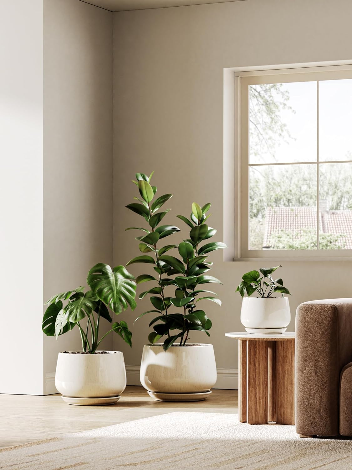 25cm Ceramic Plant Pot Beige Modern Planter with Drainage Saucer