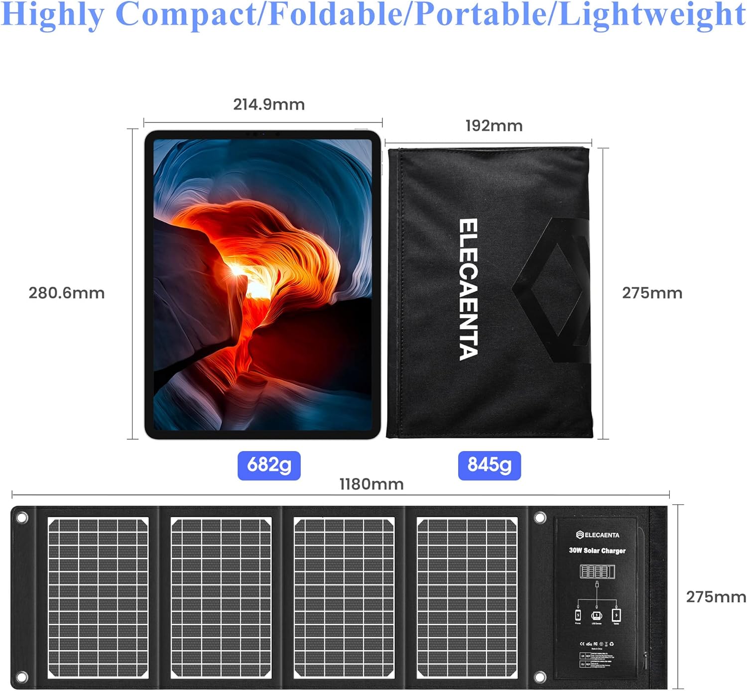 30W Foldable Solar Charger USB C PD QC3 Portable Waterproof Panel