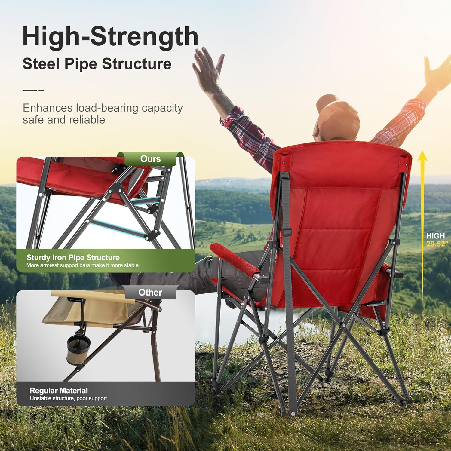 Set of 2 Oversized Camping Chairs 500LB High Back Red