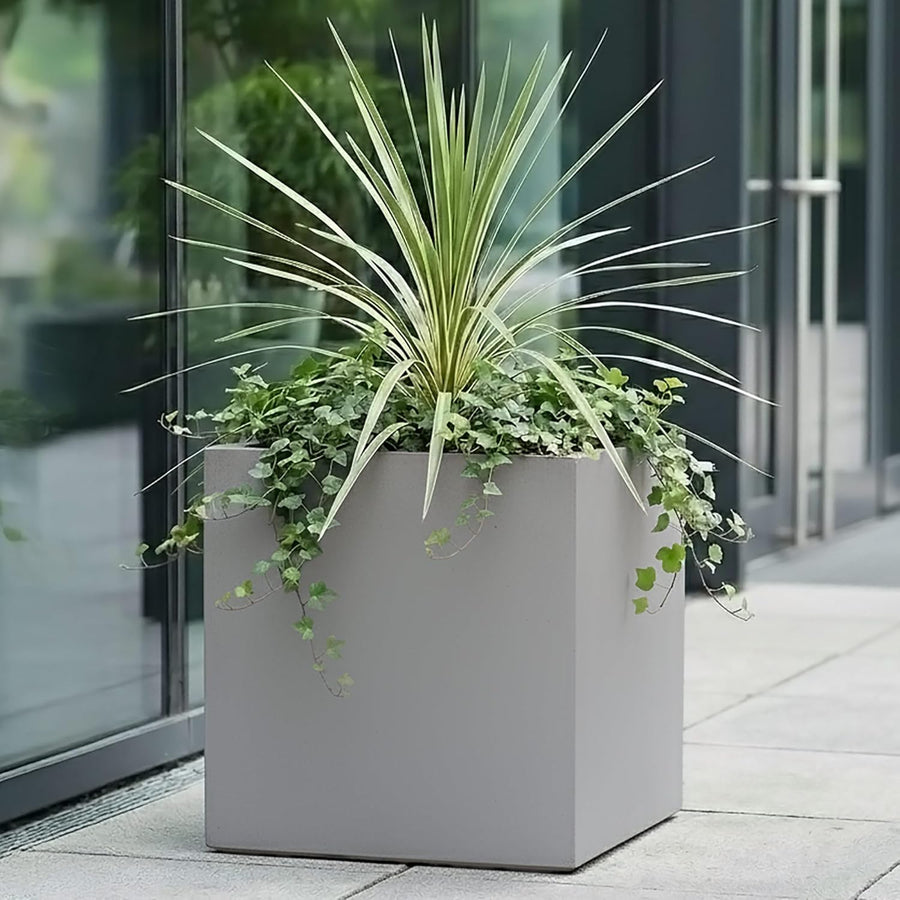 40cm Square Planter Grey Stone Effect Garden Pot Drainage