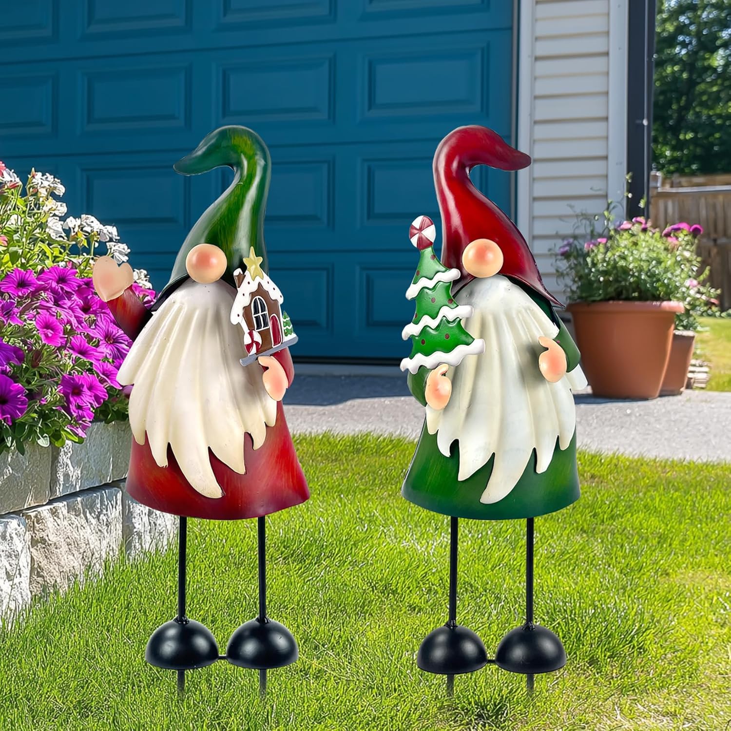 2PCS Metal Christmas Gnome Yard Art Outdoor Garden Decor 18in