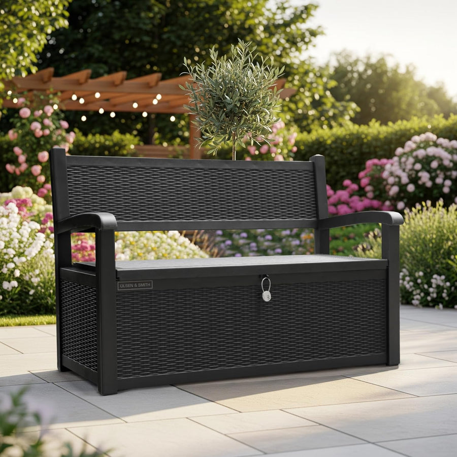 265L Outdoor Garden Storage Bench Box Lockable Rattan Effect Seat