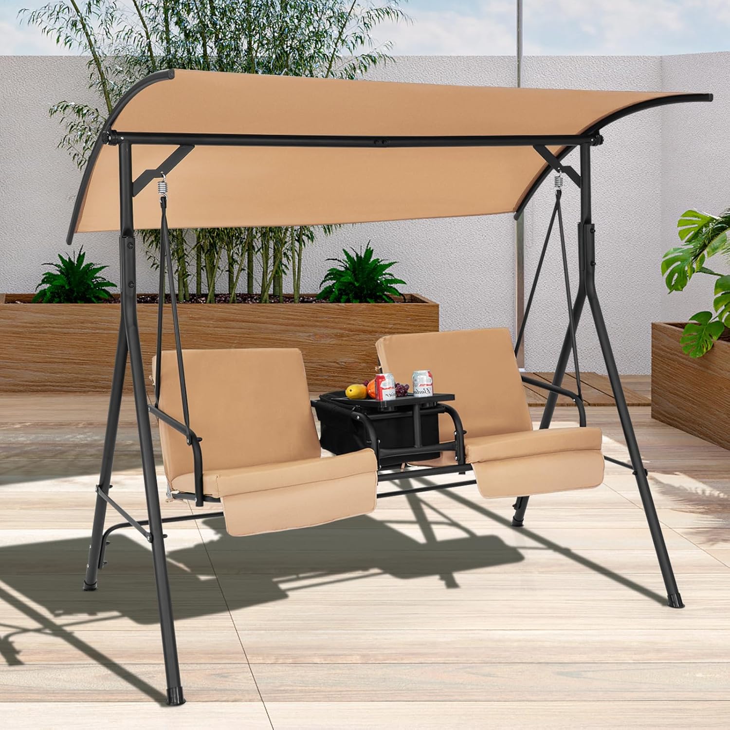 2 Person Garden Swing Chair Beige Canopy Cooler Tray