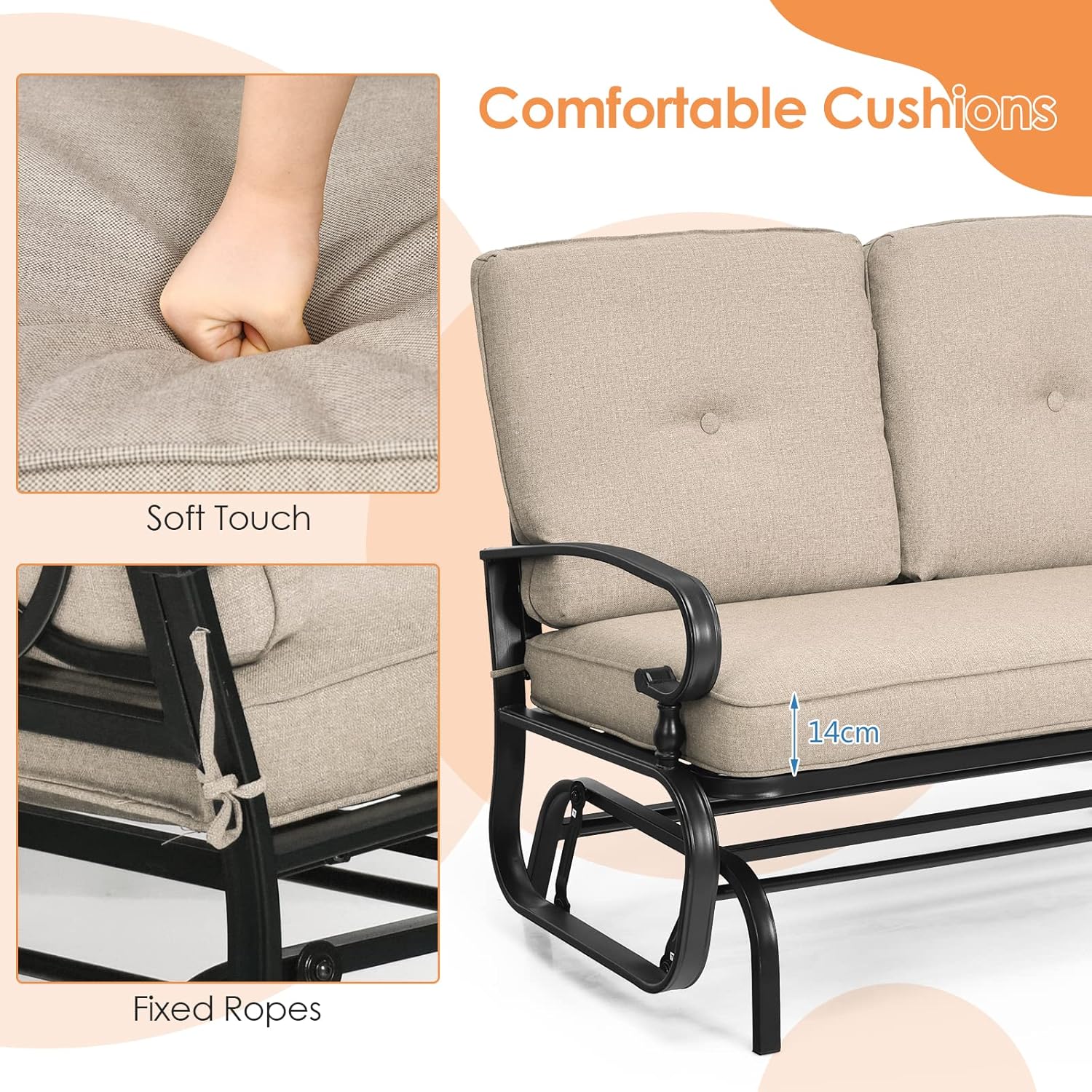 2 Seater Outdoor Glider Bench with Cushions Patio Rocking Chair