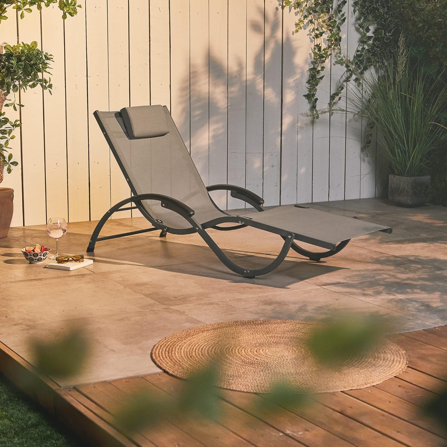 Folding Sun Lounger Reclining Garden Chair Black Textoline