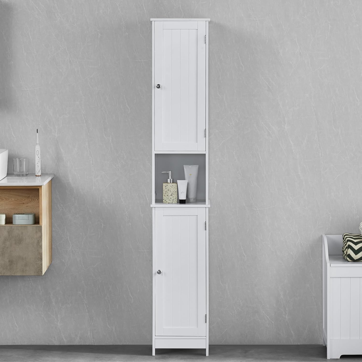 Tall Bathroom Cabinet White 2 Door Shelf Storage Unit