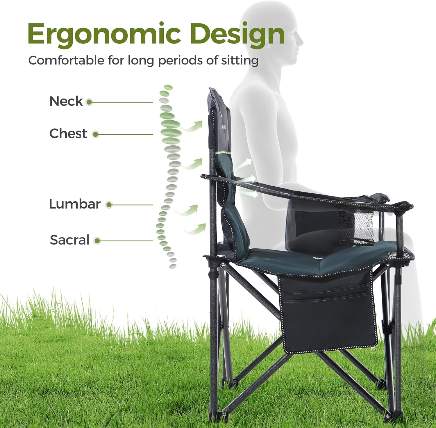 Set of 2 Heavy Duty Folding Camping Chairs 200kg Cooler Green