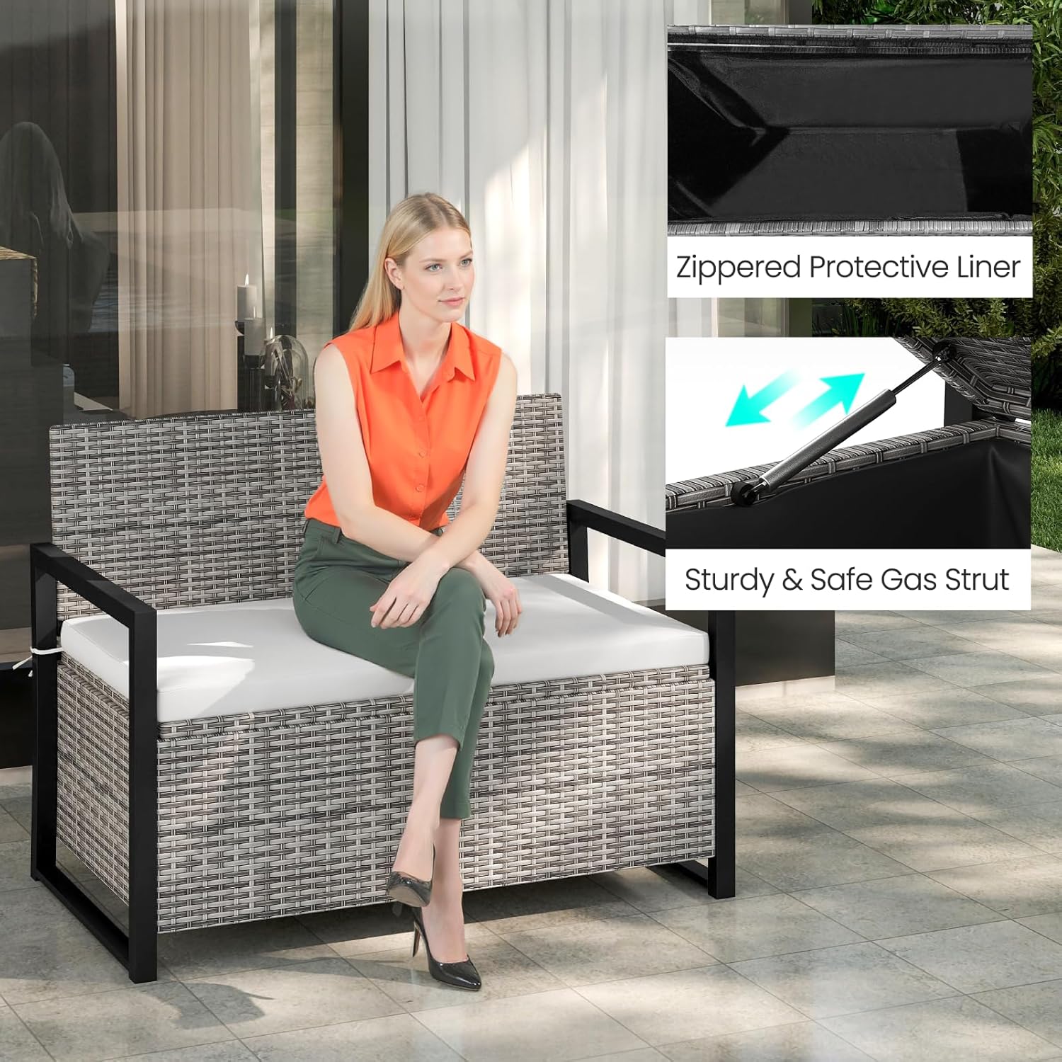 Rattan Garden Storage Bench 2 Seater Deck Box with Cushion