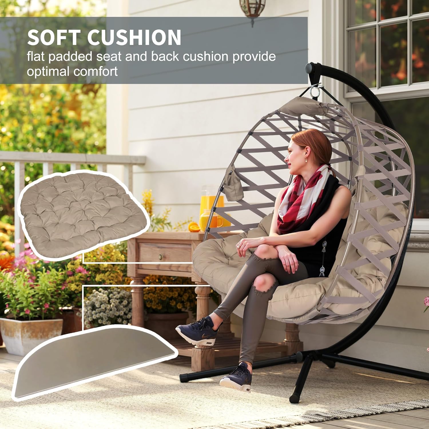 Double Hanging Egg Chair Stand Plush Cushion Sand Weave