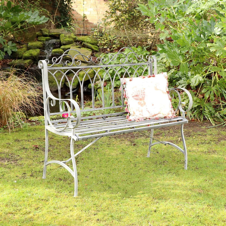 Ornate Metal Garden Bench Distressed White Patio Seat