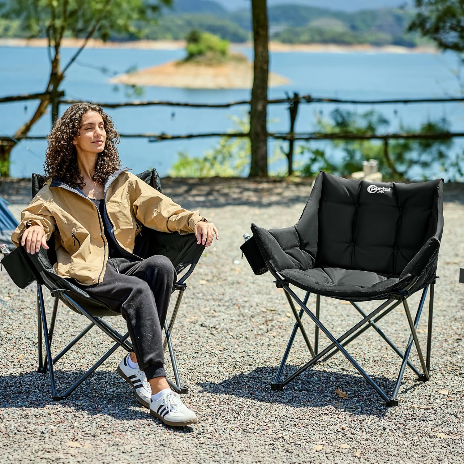 Padded Tub Camping Chair Wide Seat 150KG Black