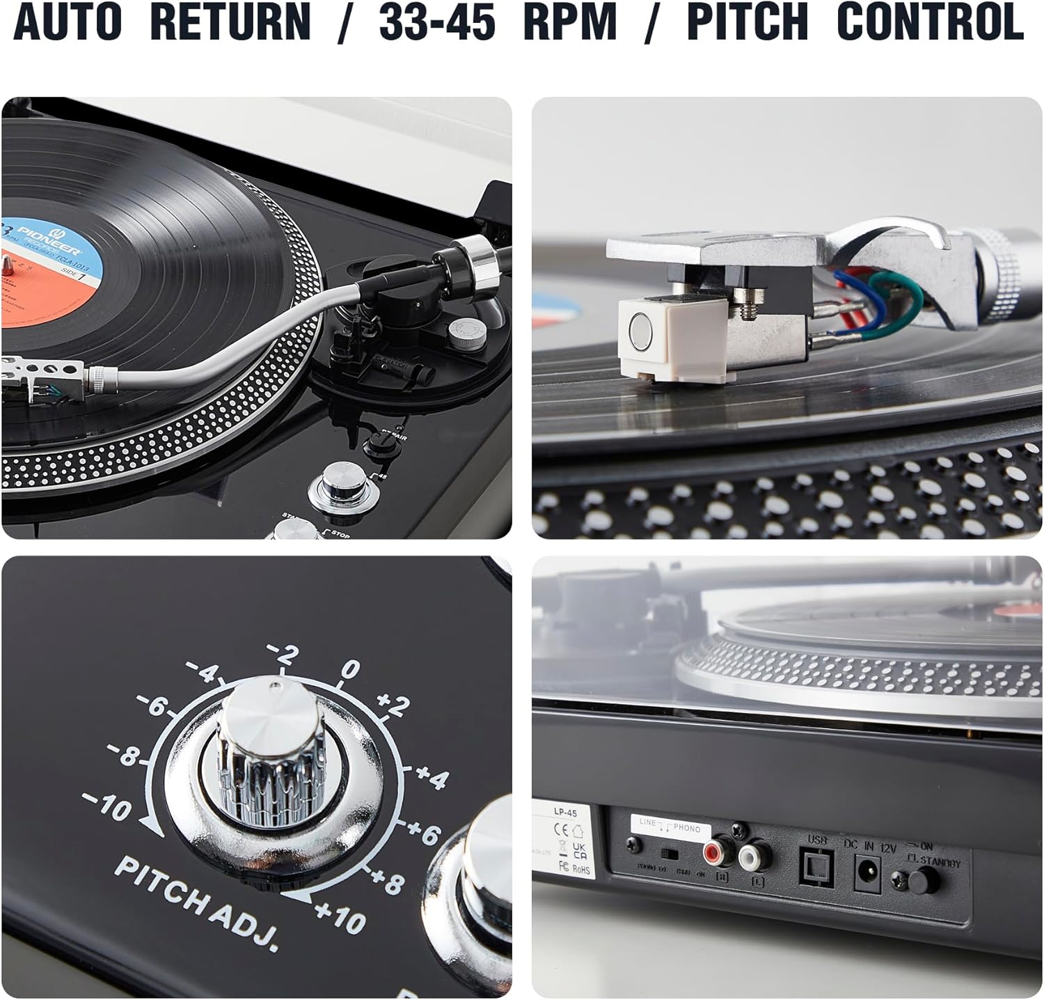 Hi-Fi Belt-Drive Turntable with Premium Cartridge, 33/45 RPM, Auto-Return