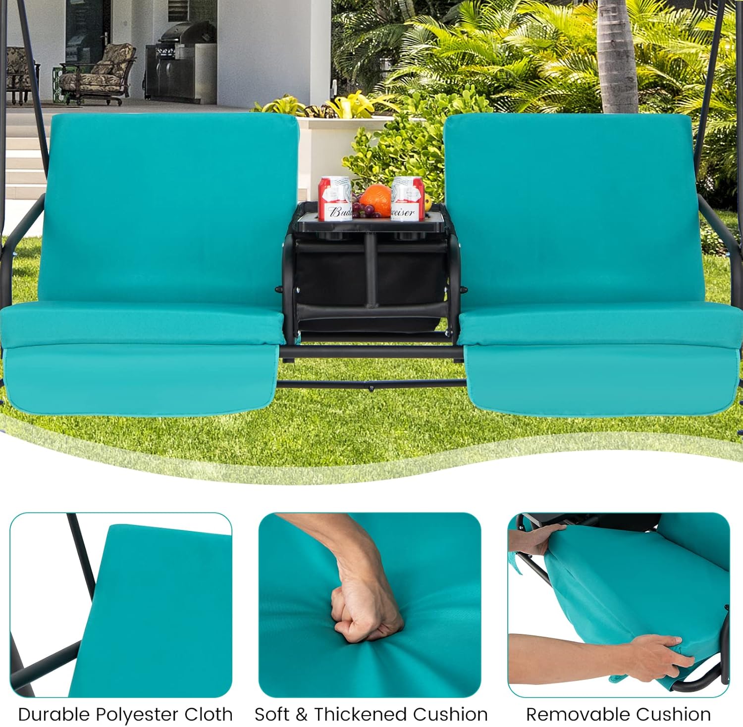 2 Seater Swing Chair Canopy Cooler Tray Turquoise