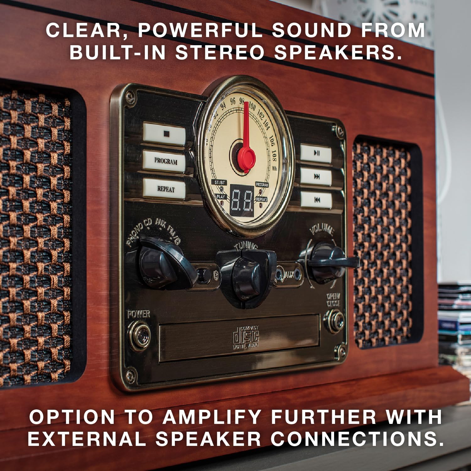 6 in 1 Wood Record Player Bluetooth CD Cassette Mahogany