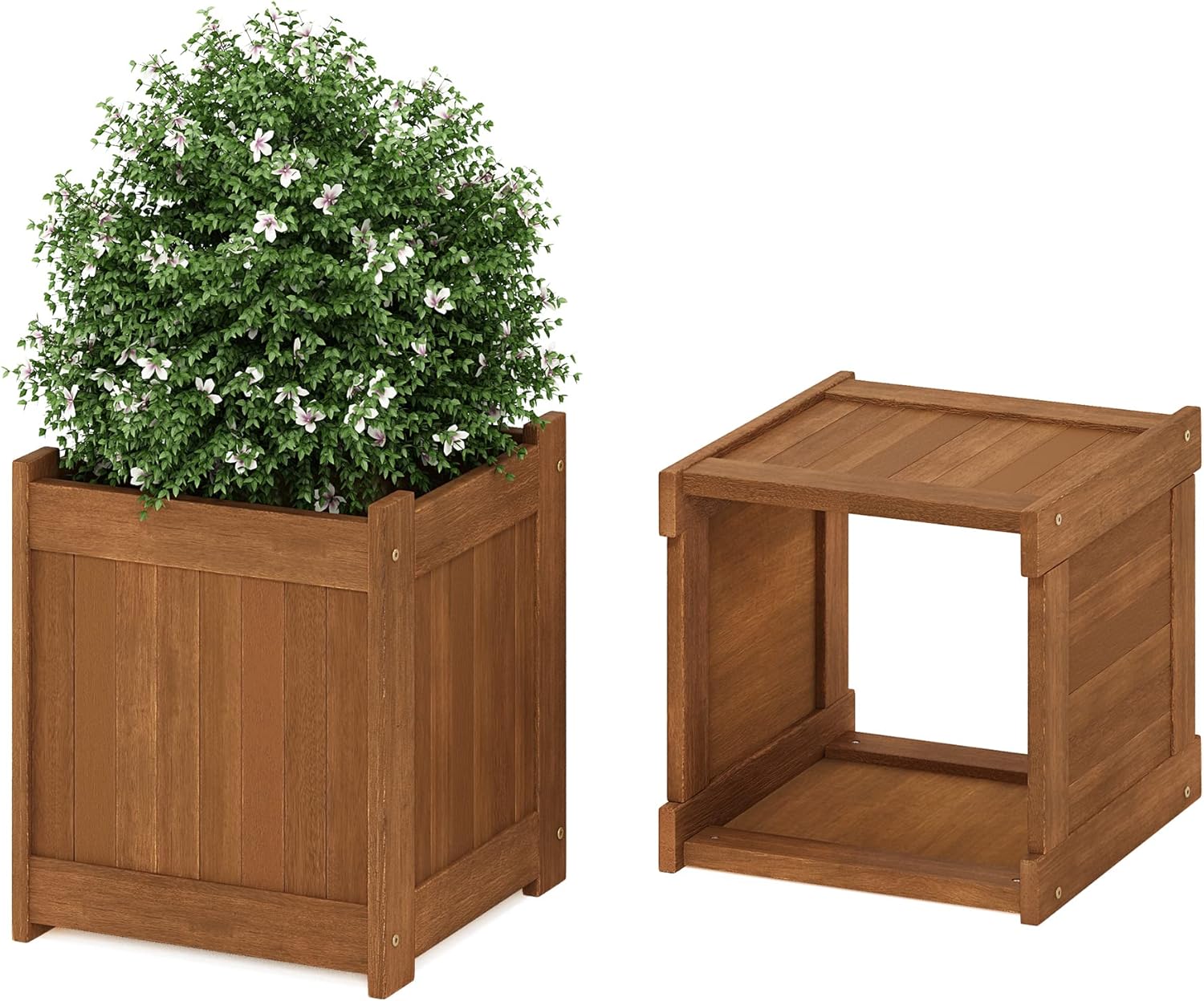 Wood Planter Box with Bench Teak Oil Treated Garden Patio Seat