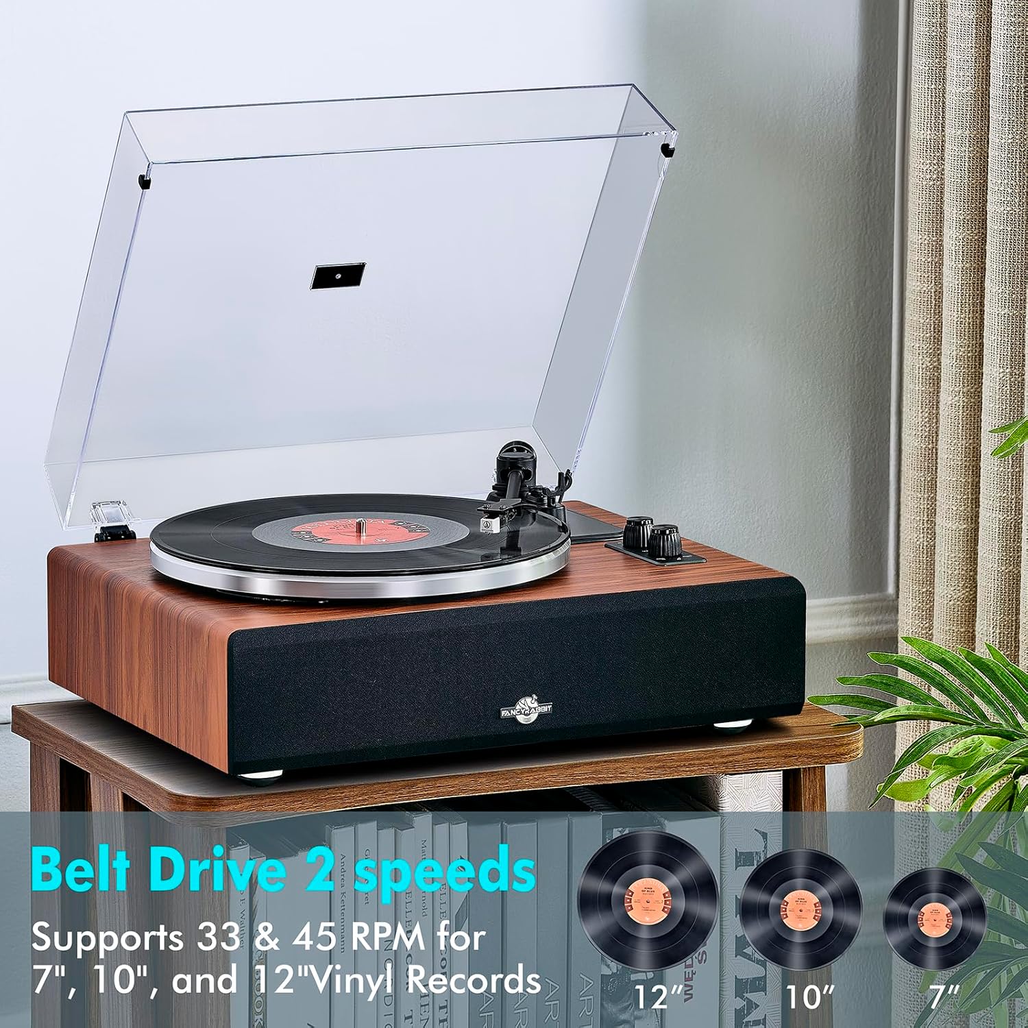 Bluetooth Vinyl Record Player Turntable with Built-In Speakers 2-Speed