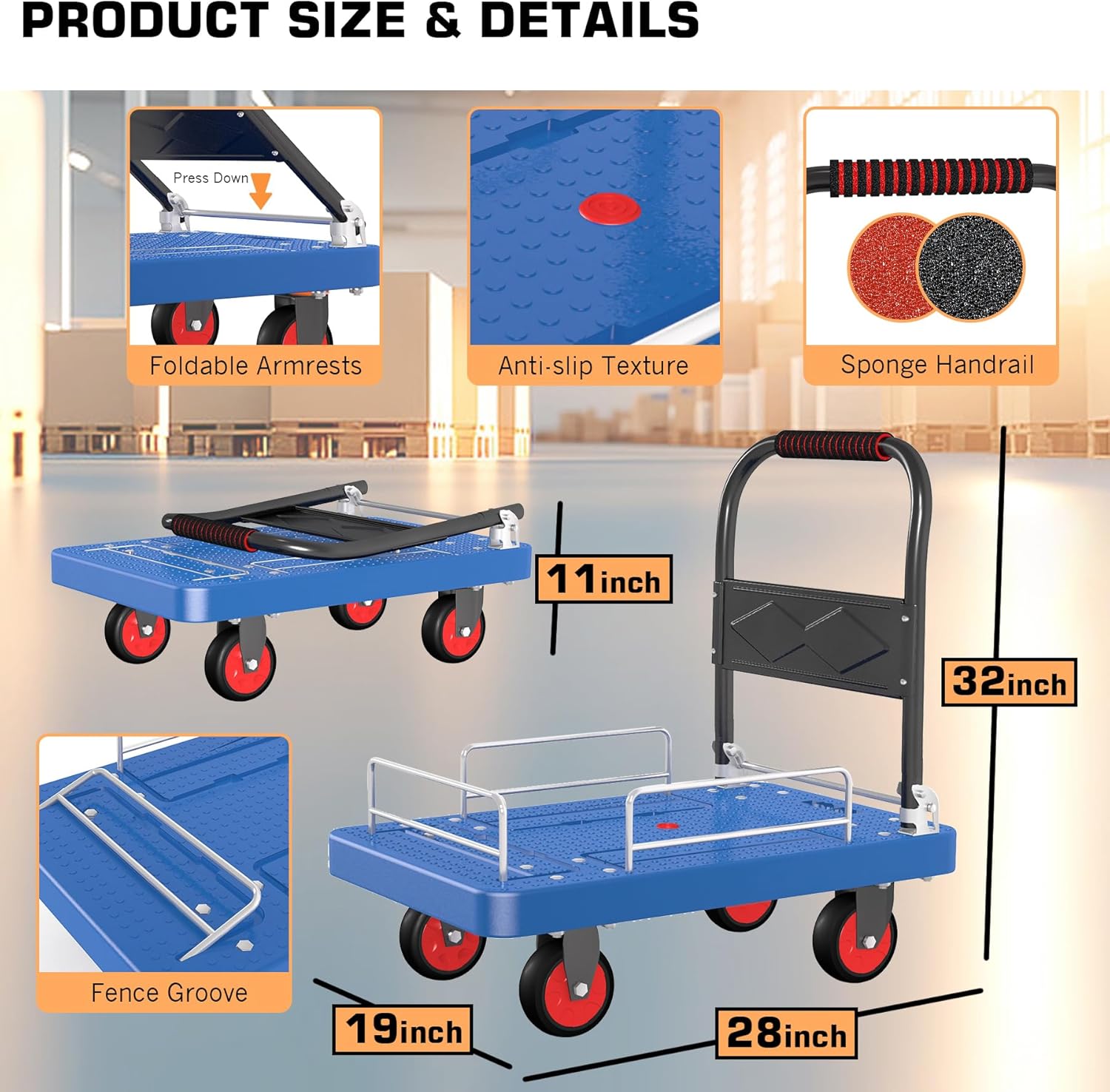 1100LB Foldable Platform Truck Cart with 3 Fence Dolly