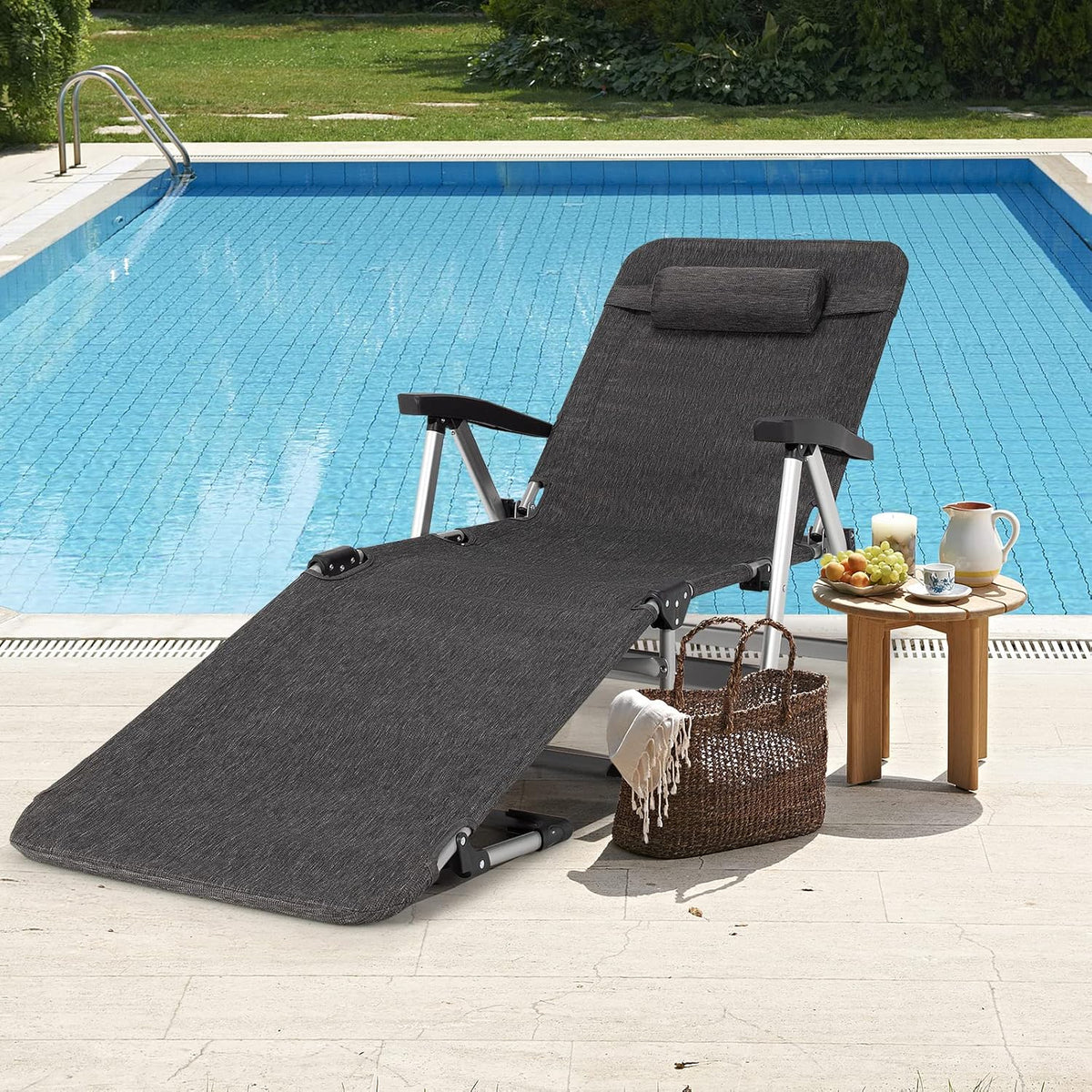 Folding Sun Lounger 7 Position Reclining Chair with Cup Holder Grey