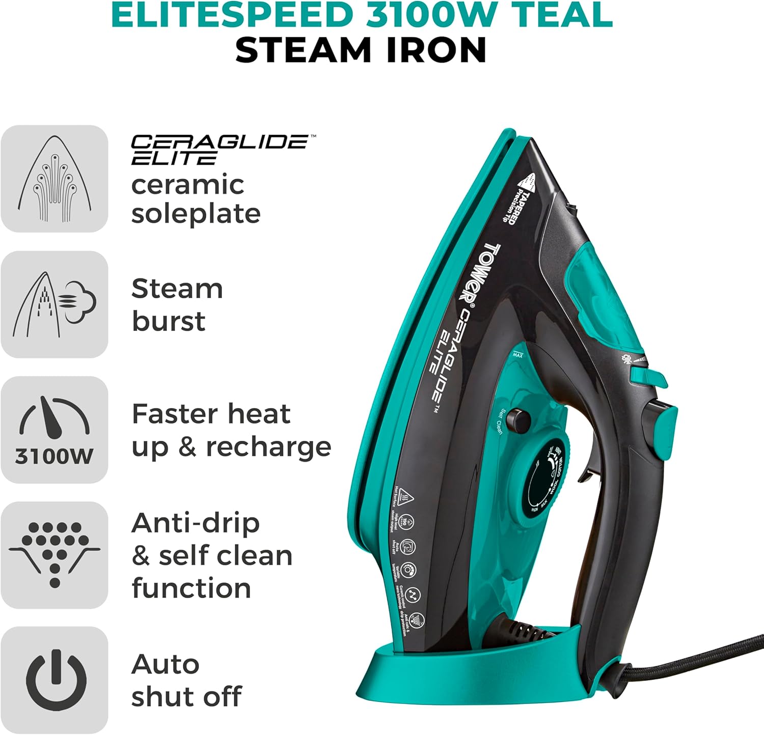 3100W Steam Iron 190g Steam Boost Ceramic Soleplate 3m Cord