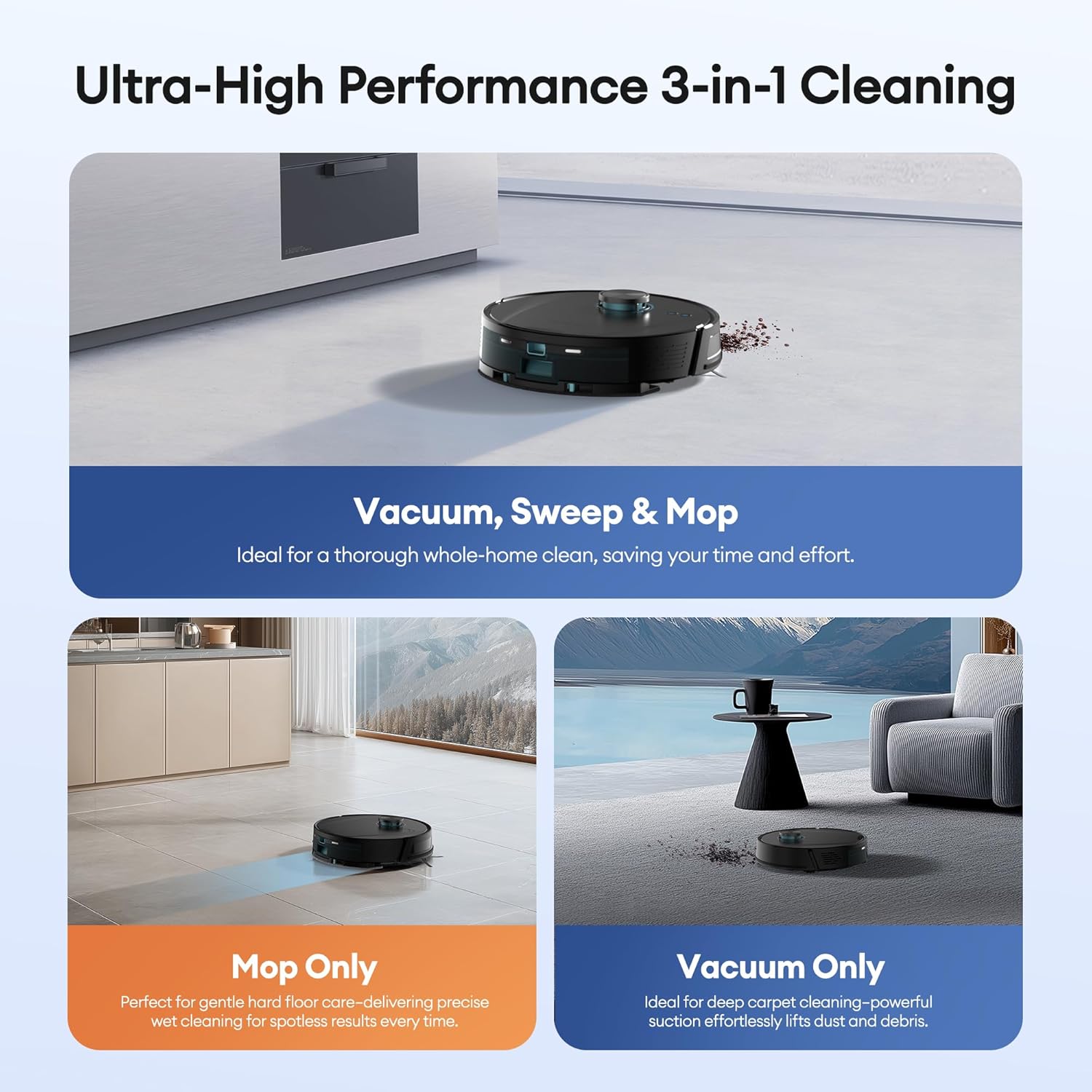 Robot Vacuum Mop 5000Pa LiDAR Mapping App Voice Control Pet Hair