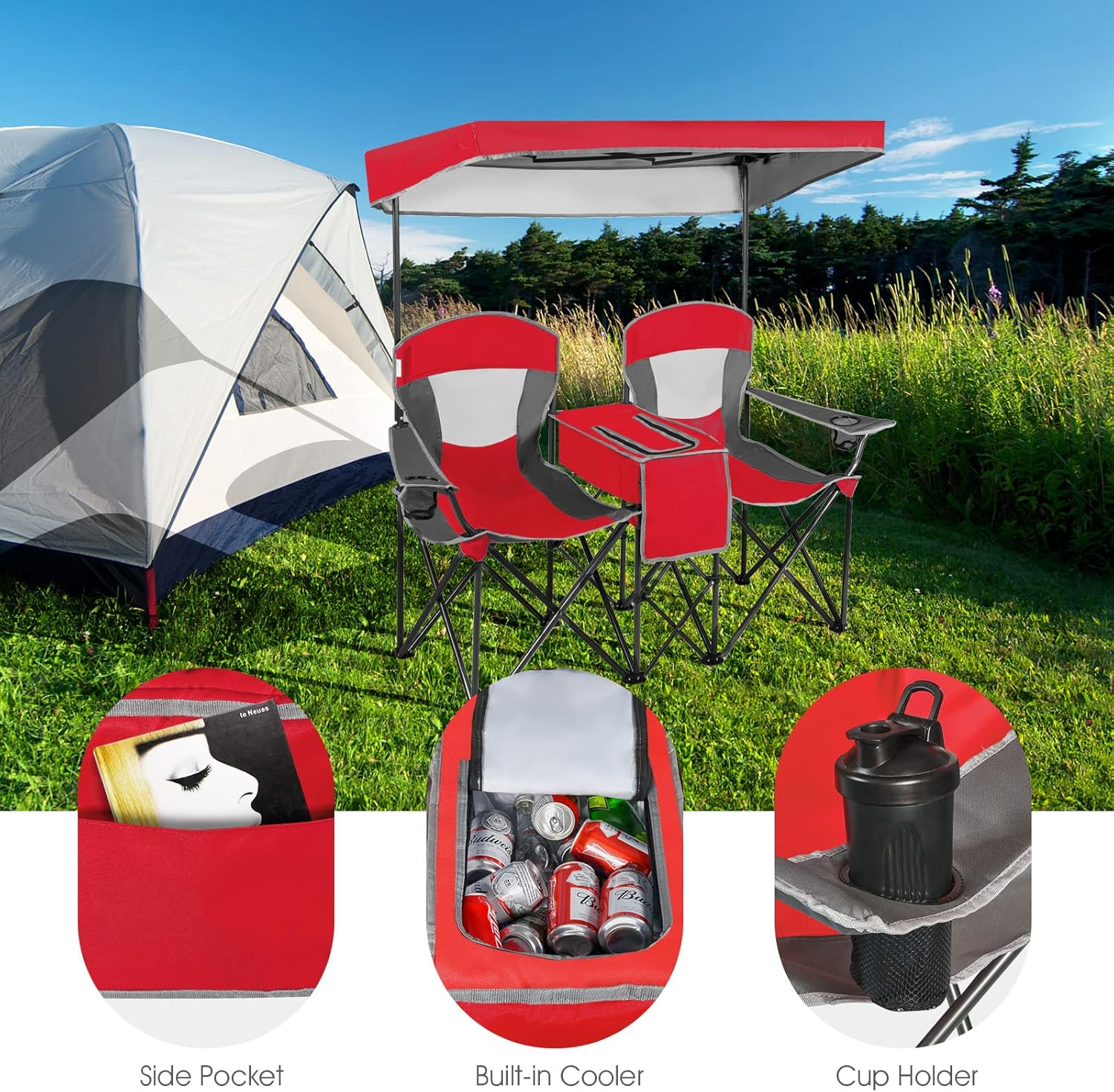 Double Camping Chair with Canopy Cooler Bag Cup Holders Red