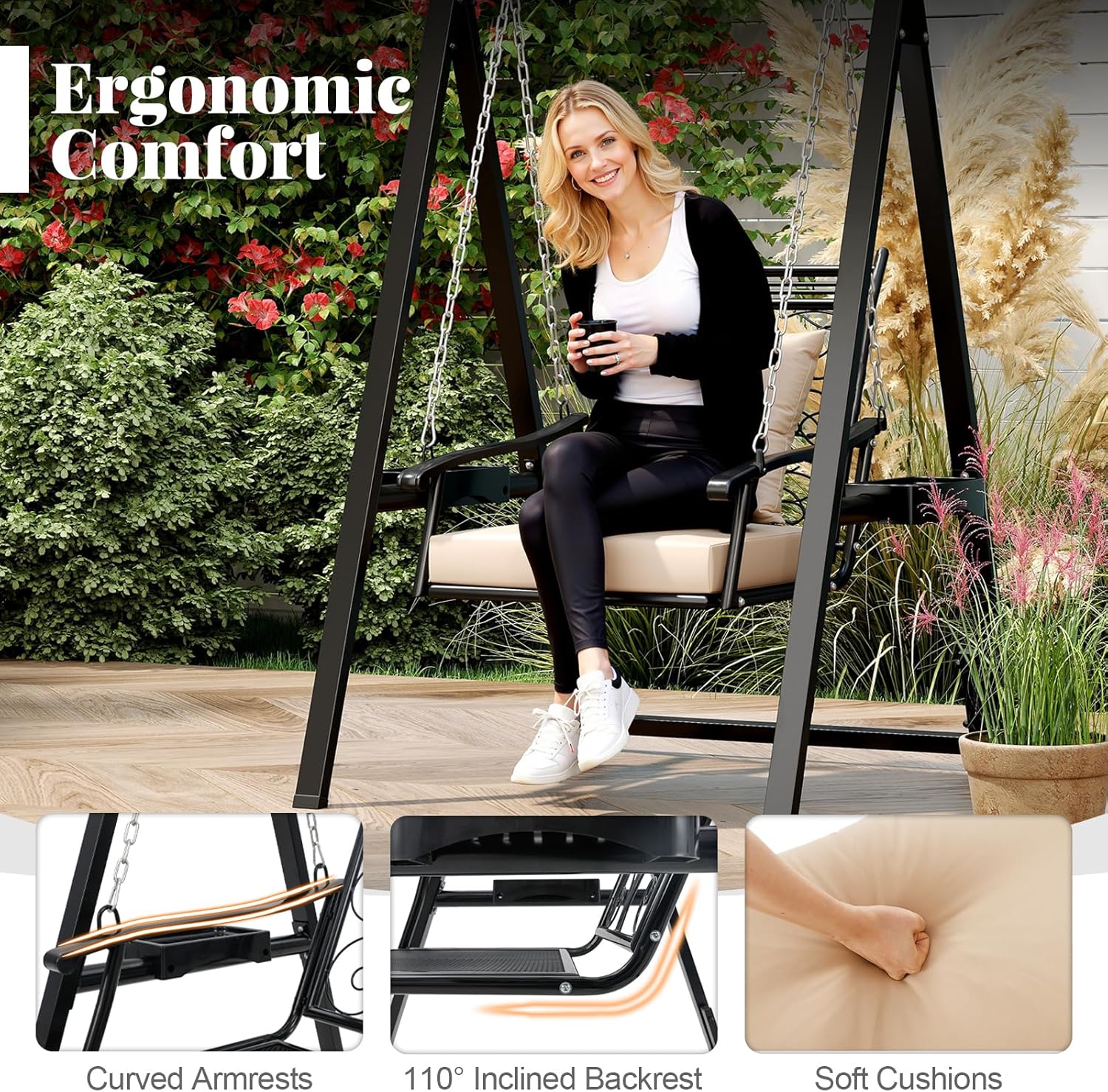 Outdoor Porch Swing Chair with Stand Canopy Side Tables Beige