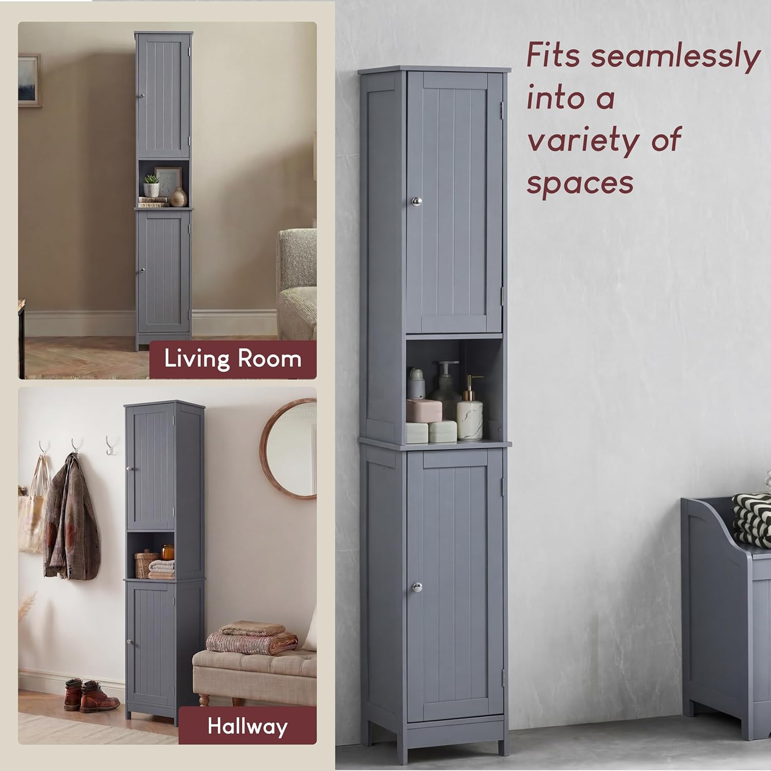 Tall Bathroom Storage Cabinet Grey 2 Door Tallboy Unit