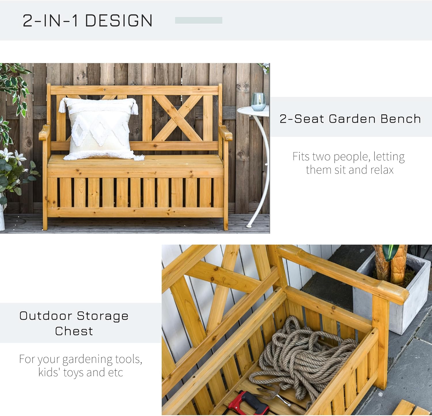 2 Seater Wooden Garden Storage Bench Patio Seat with Chest