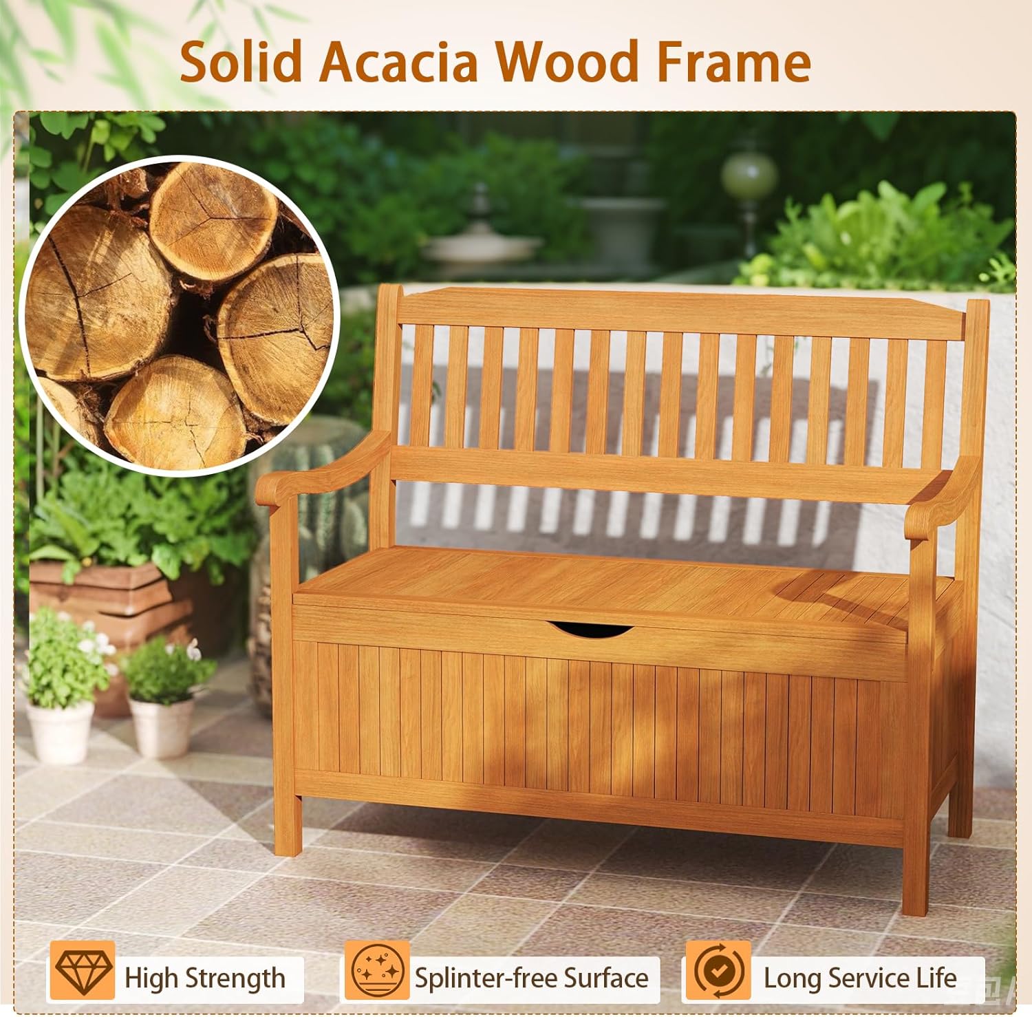 Acacia Wood Garden Storage Bench 2 Seater 125L Patio Seat