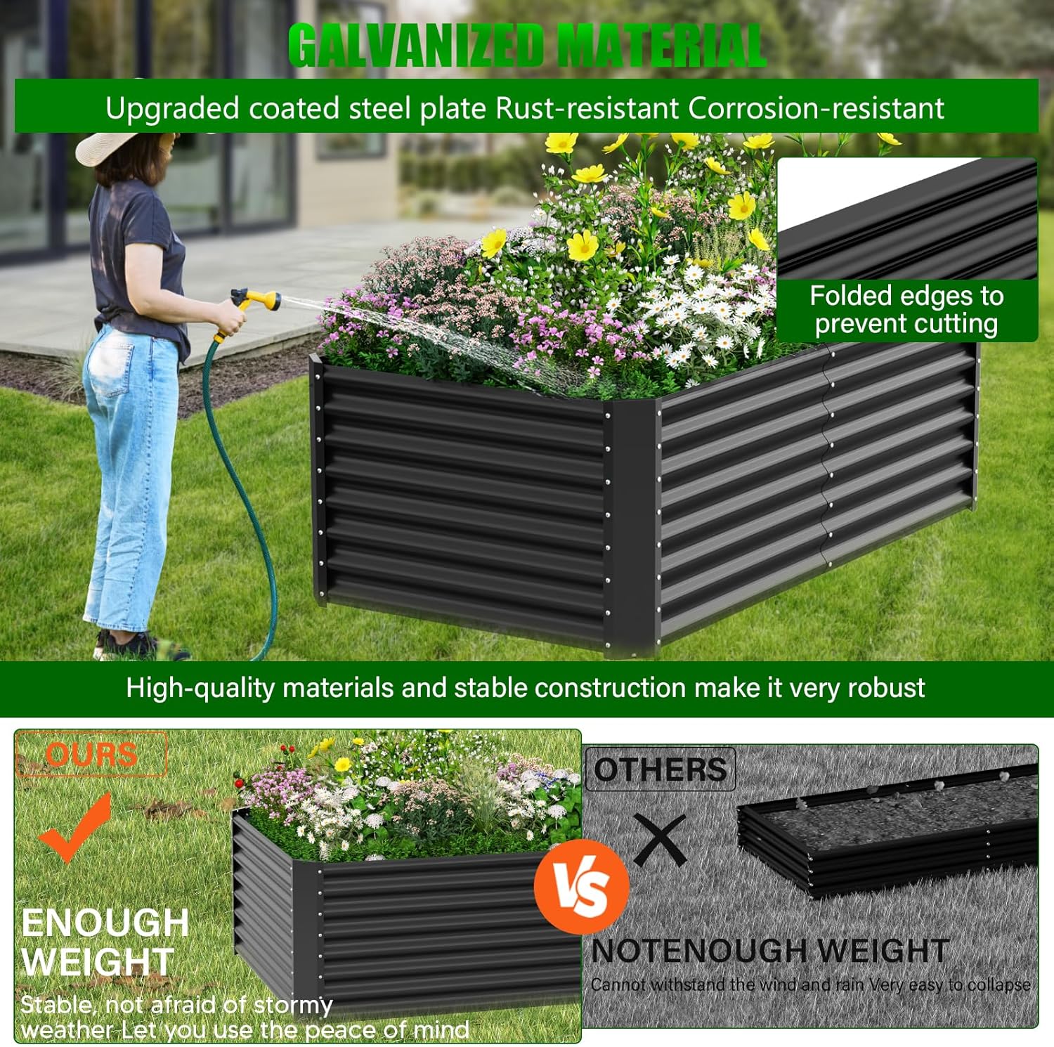 Large Metal Raised Garden Bed 183cm Black Steel Planter
