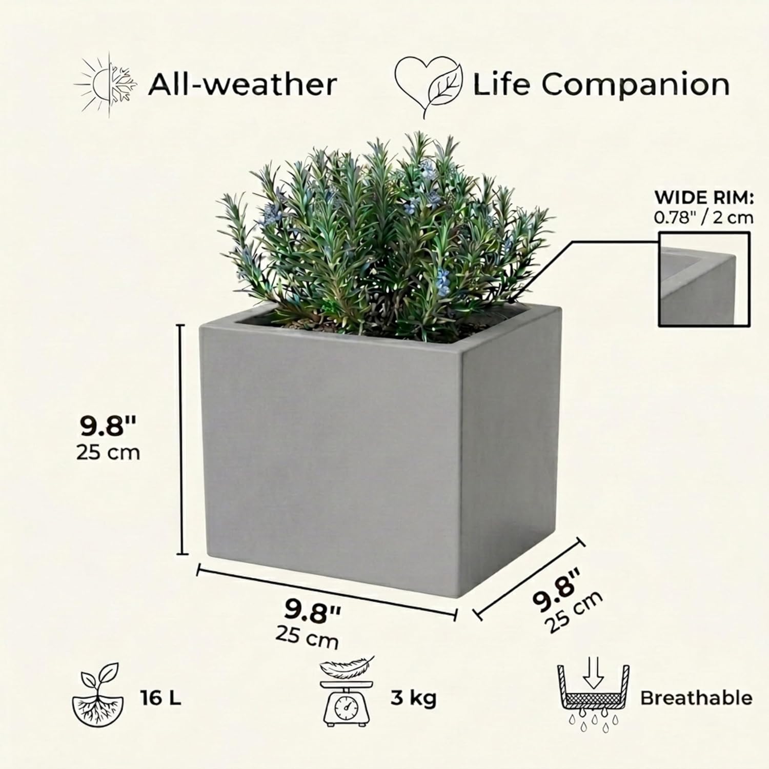 25cm Grey Square Planter Stone Effect Small Garden Pot Drainage