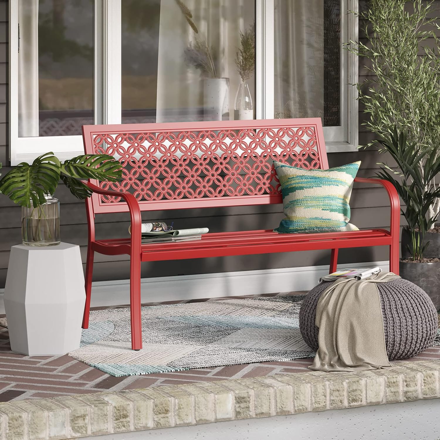 Red Metal Garden Bench 2–3 Seater Outdoor Patio Seat Rust Resistant