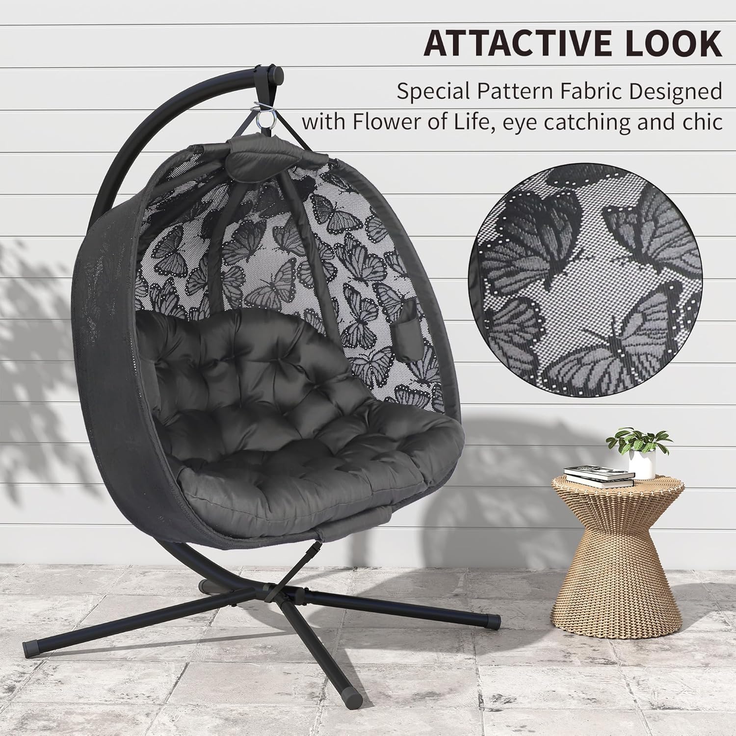 Double Hanging Egg Chair with Stand 2 Seater Plush Cushion Black