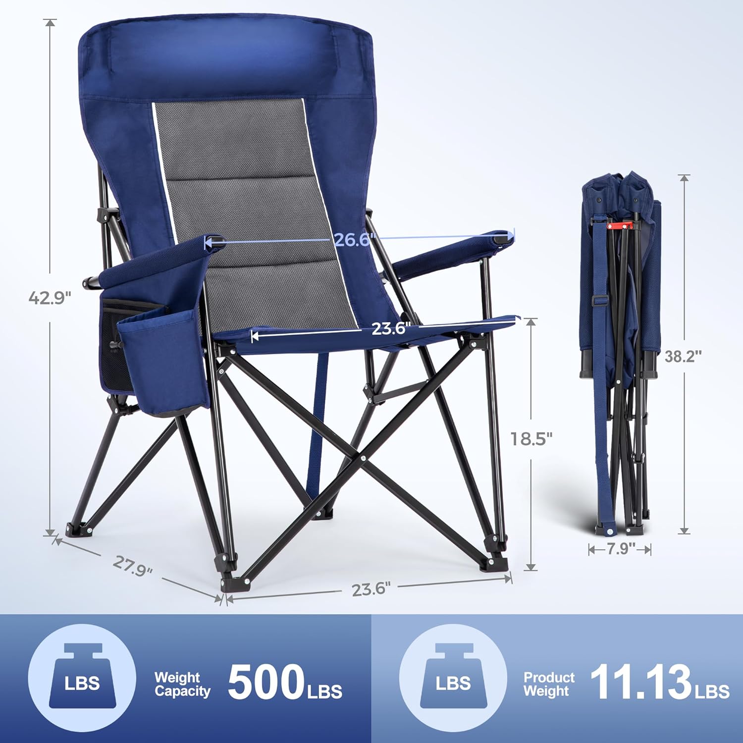 Oversized Heavy Duty Camping Chair 500LB with Headrest Blue