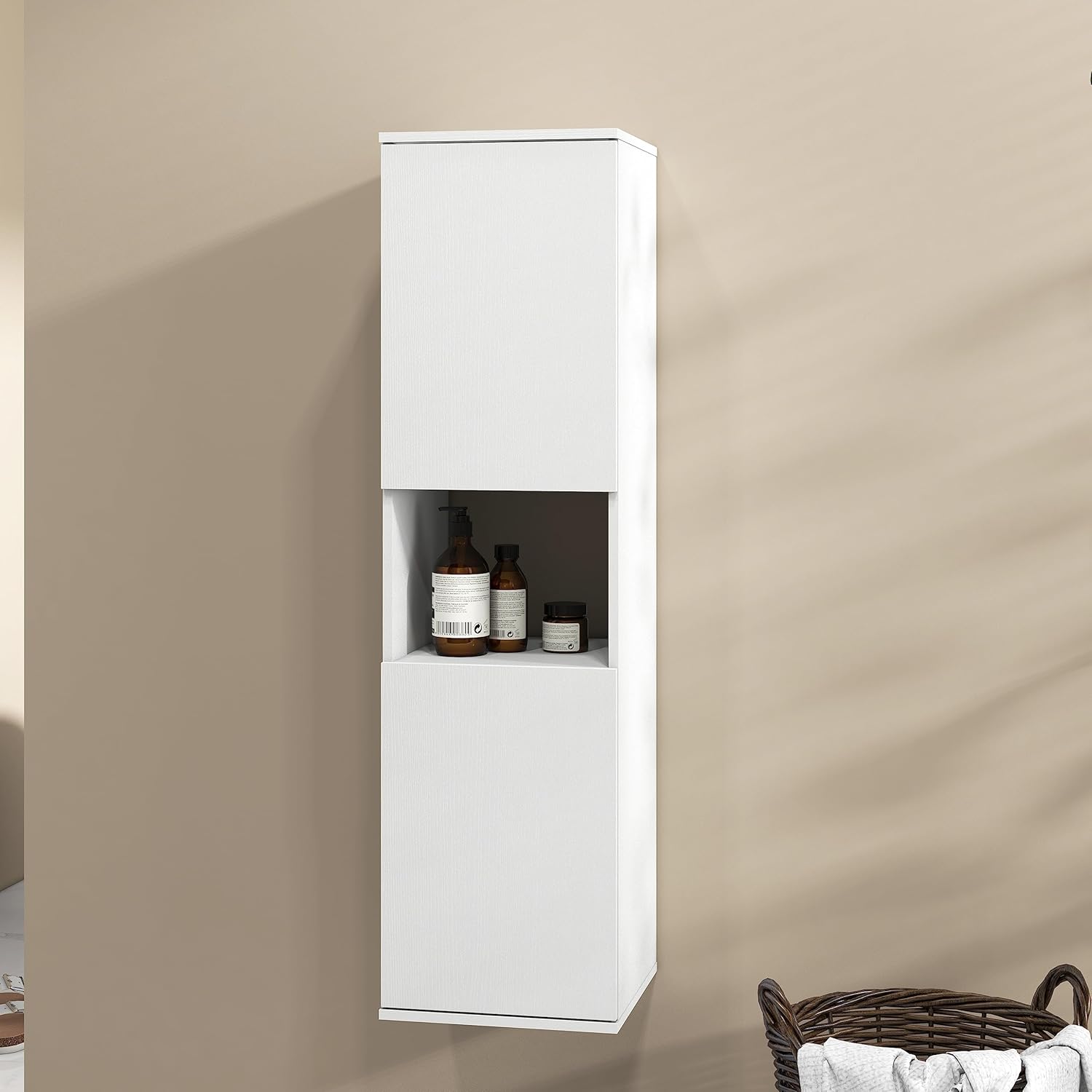 Wall Mounted Tall Bathroom Cabinet White 2 Door Storage Unit