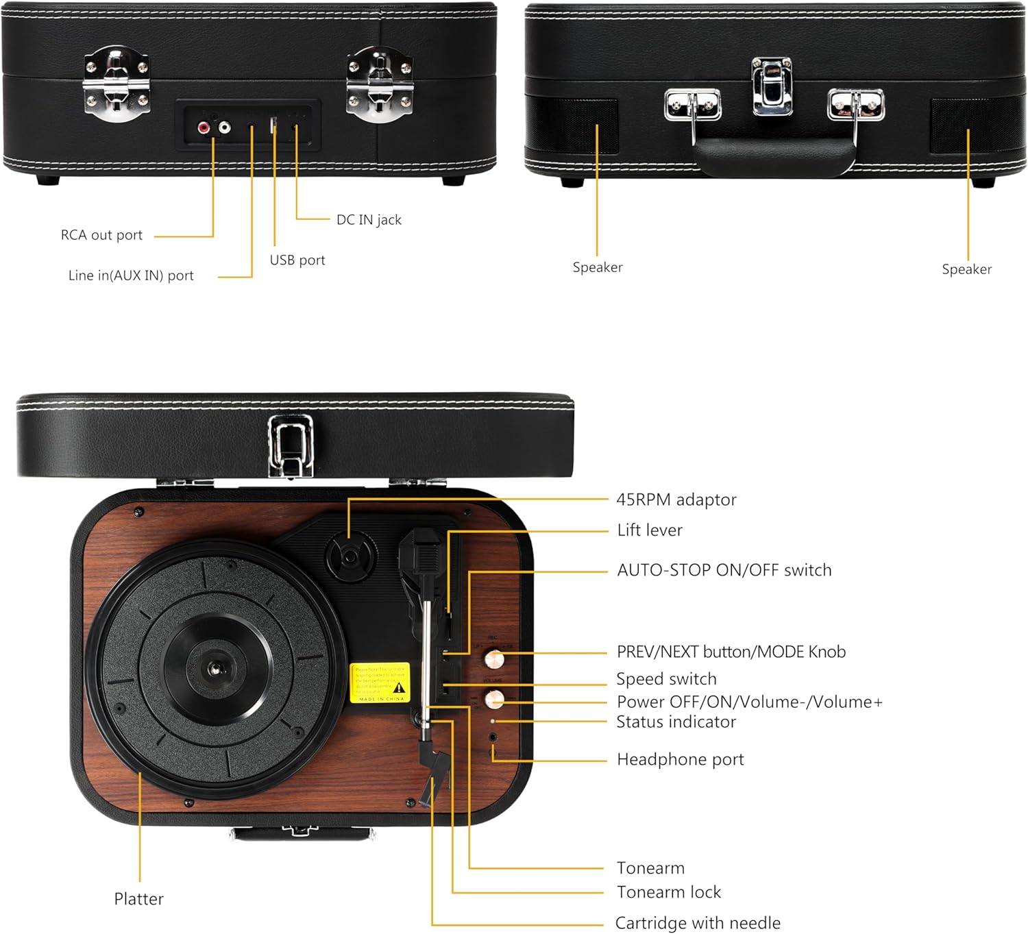 Vintage 3-Speed Record Player with Bluetooth, Built-In Speakers & AUX