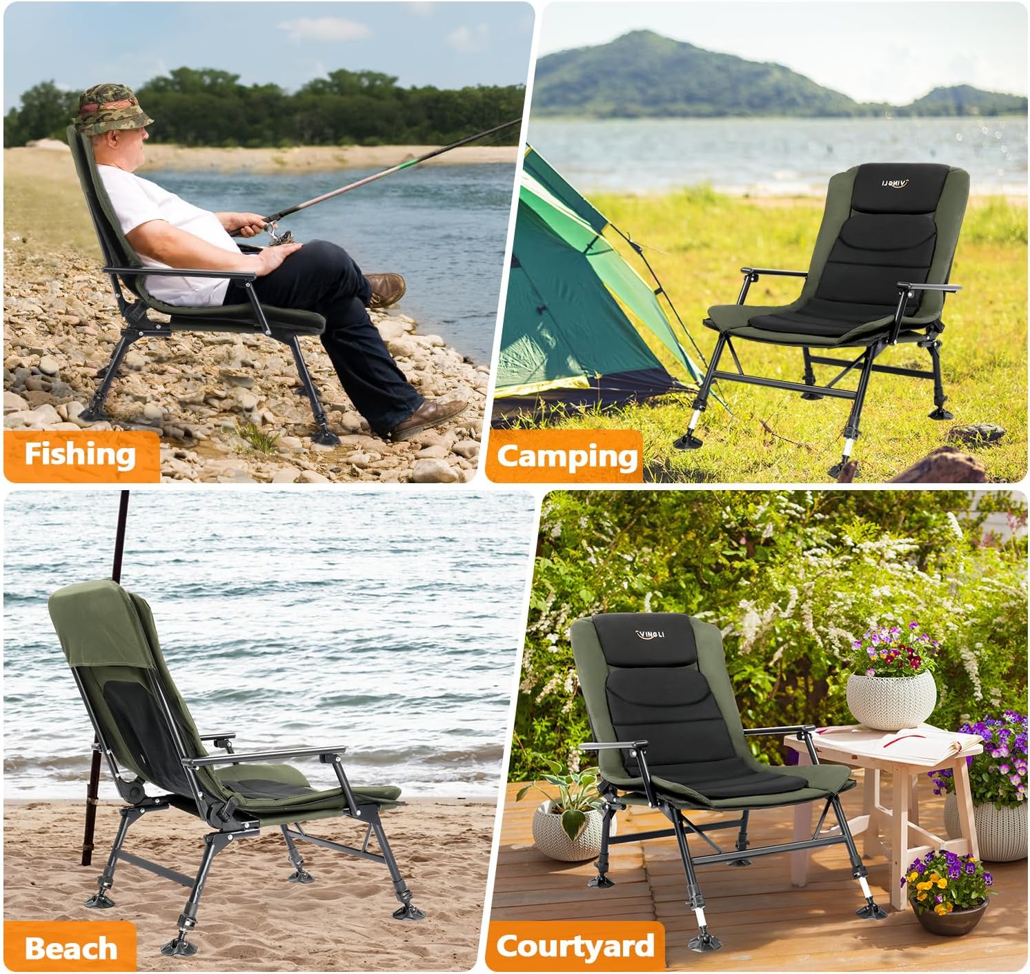 Reclining Fishing Chair Foldable Camping Seat Green