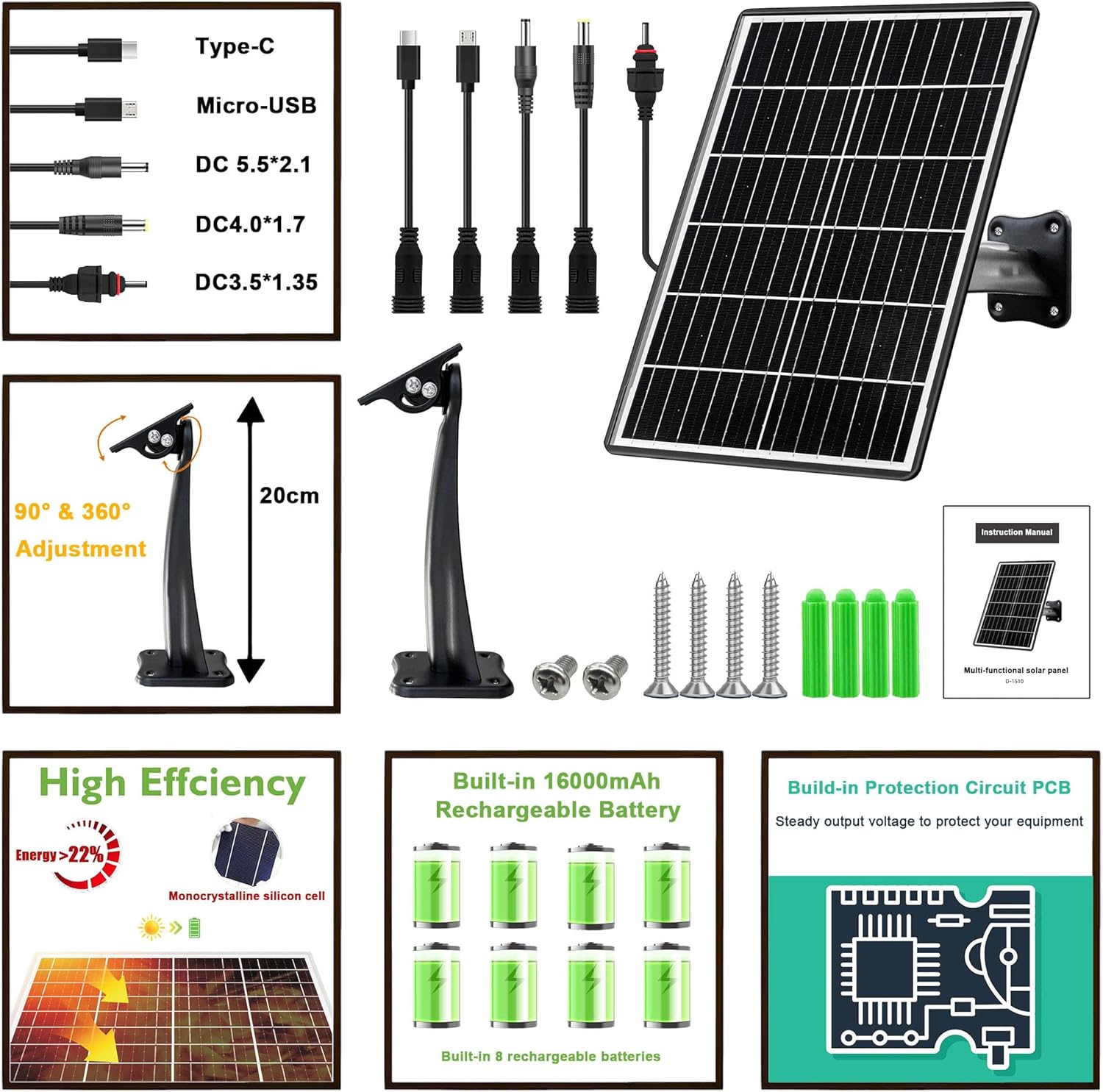 15W Solar Panel Kit 16000mAh Battery for Trail Camera 12V