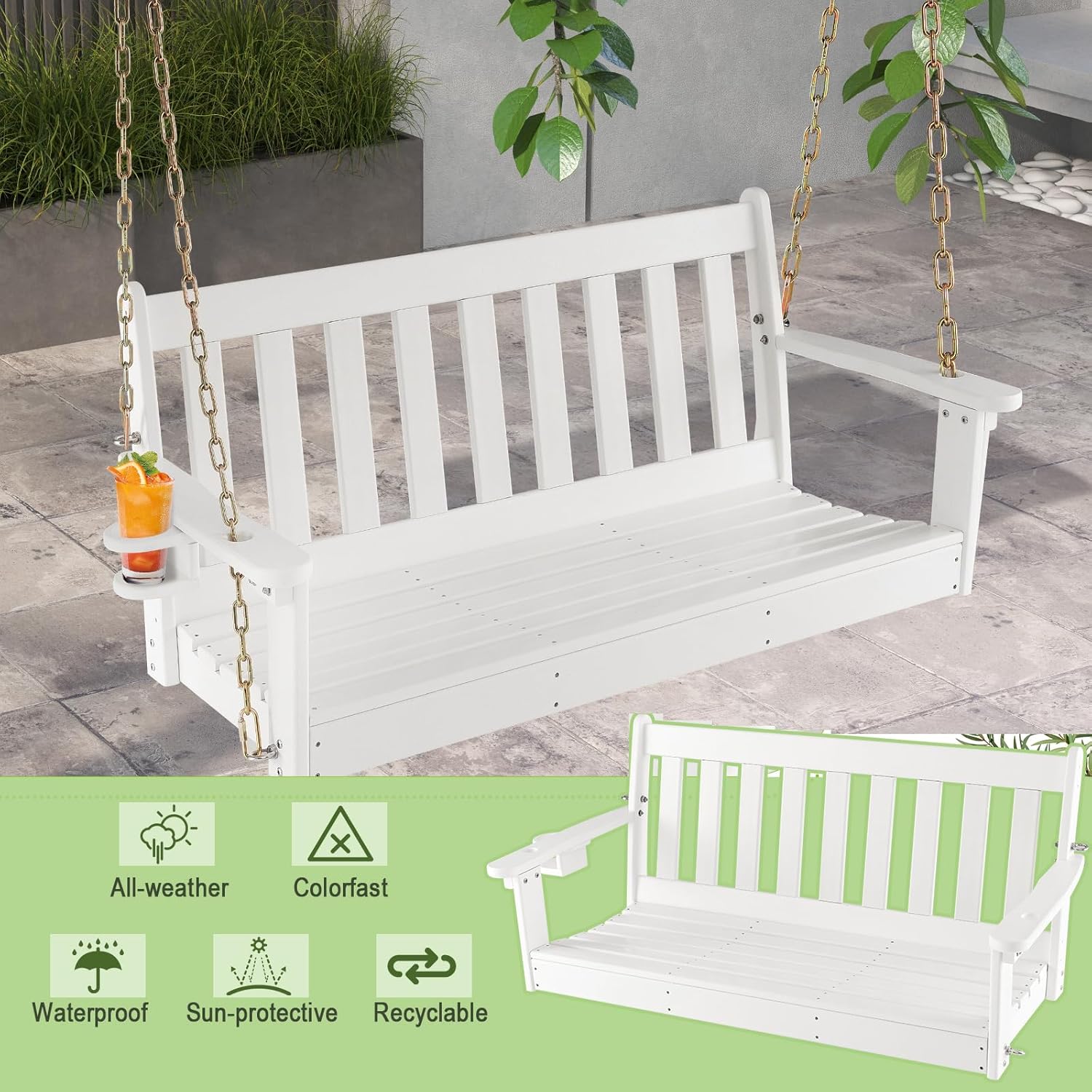 2 Seater Garden Swing Bench White Cup Holder Chains