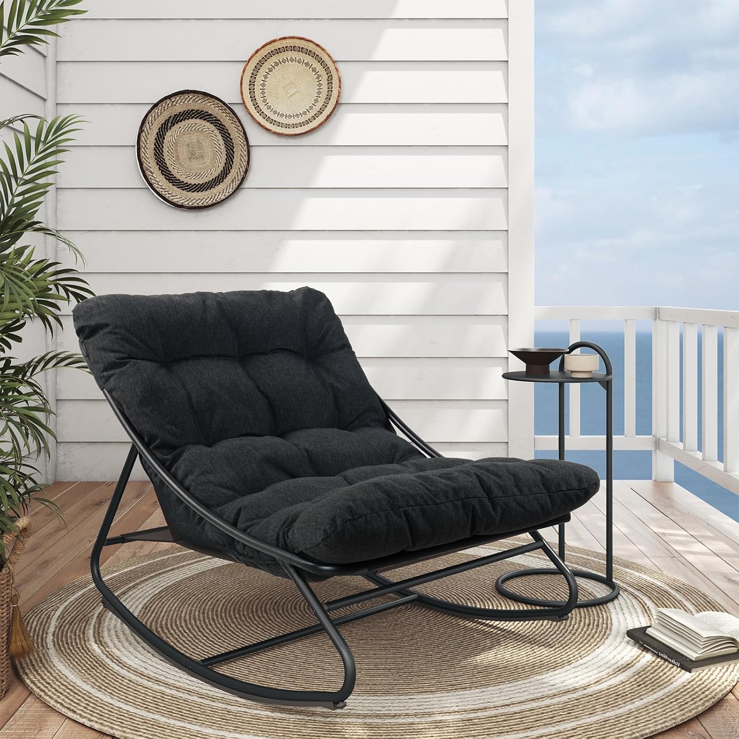 Garden Rocking Chair with Side Table Cushion Dark Grey