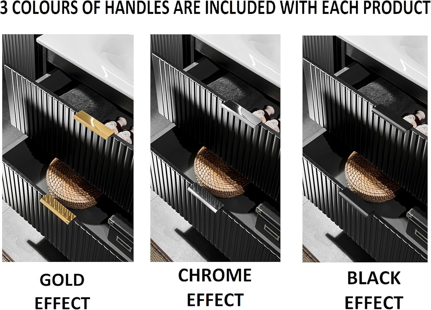 Luxury Wall Hung Tall Bathroom Cabinet Ribbed Black Gold