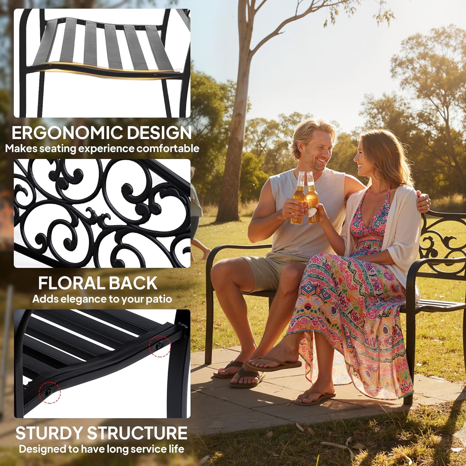 2 Seater Metal Garden Bench Floral Backrest Patio Park Seat